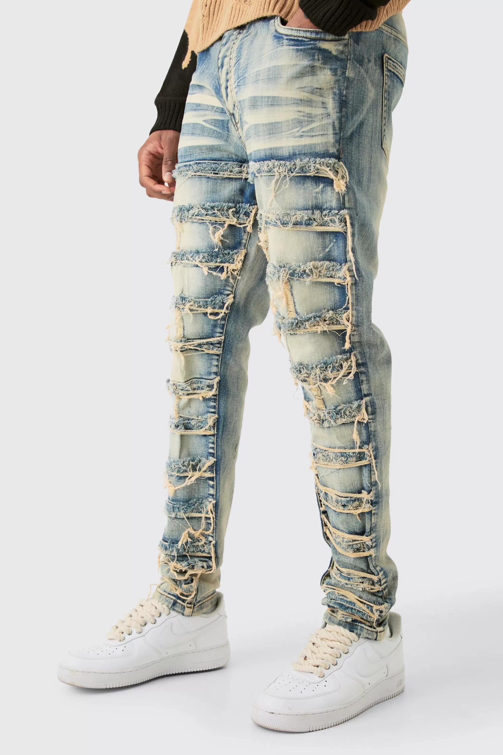 boohooMAN Tall Stretch Skinny Rip And Repair Jean | UK