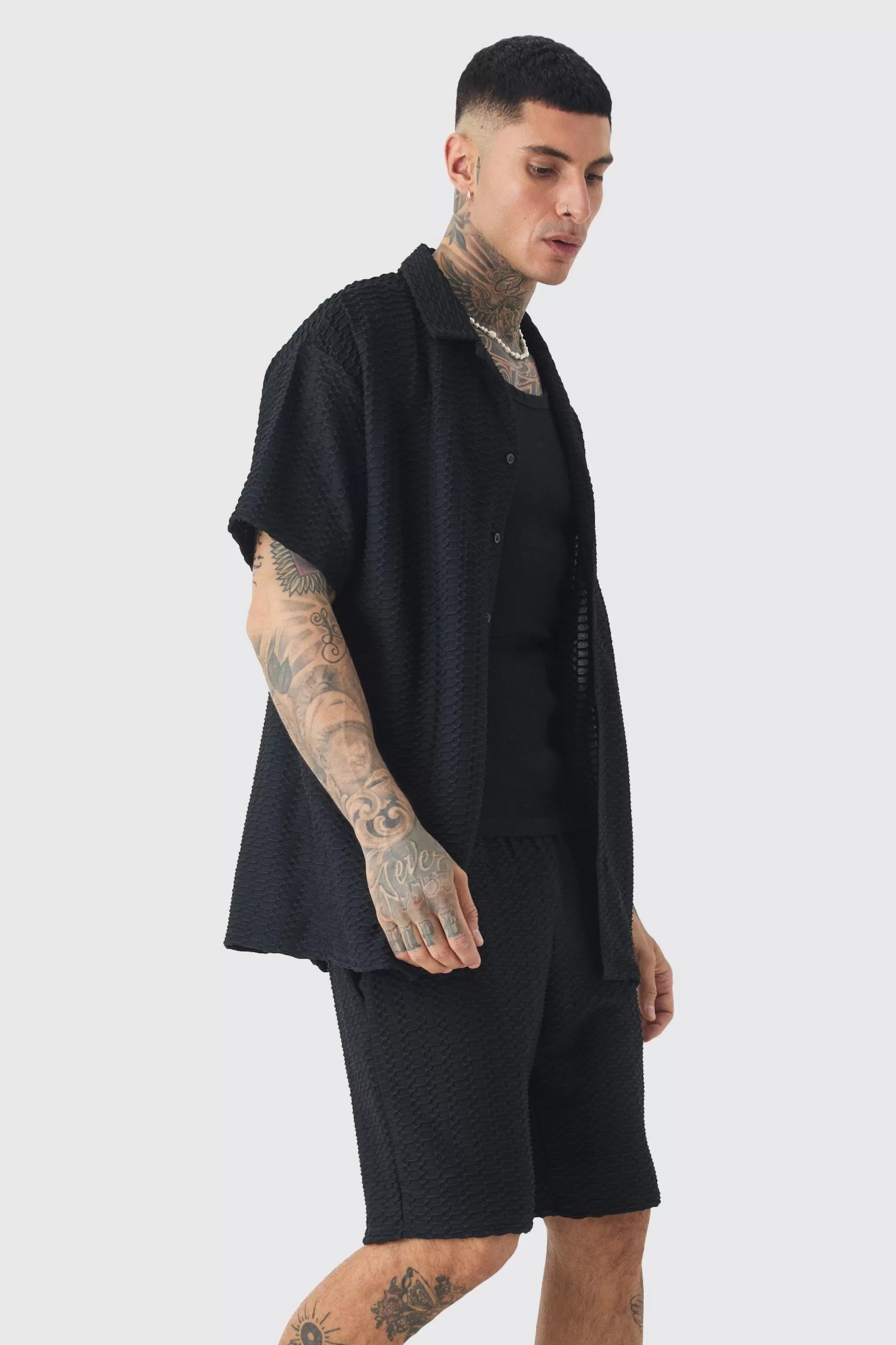 boohooMAN Tall Textured Jersey Resort Shirt & Short Set | UK