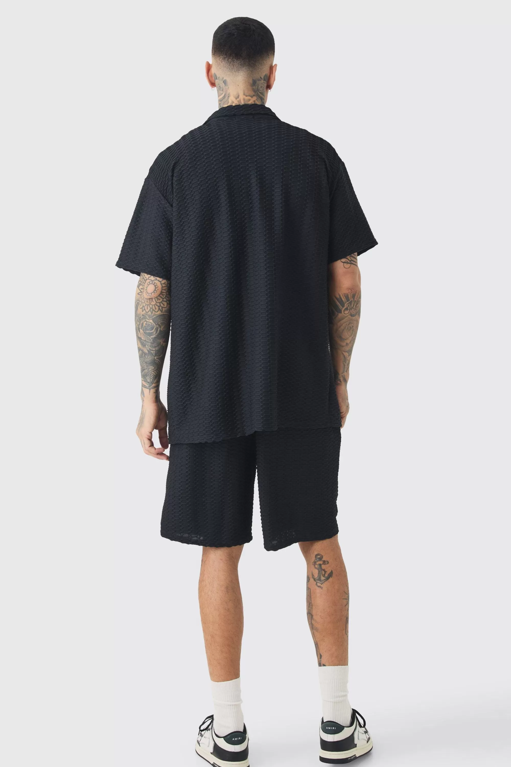 boohooMAN Tall Textured Jersey Resort Shirt & Short Set | UK