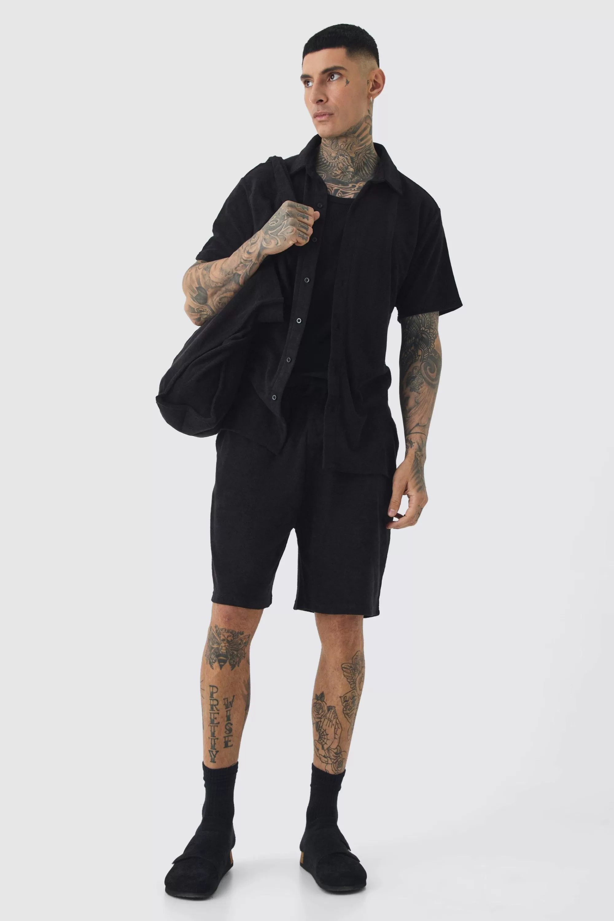 boohooMAN Tall Towelling Overshirt Shirt Short & Tote Set | UK