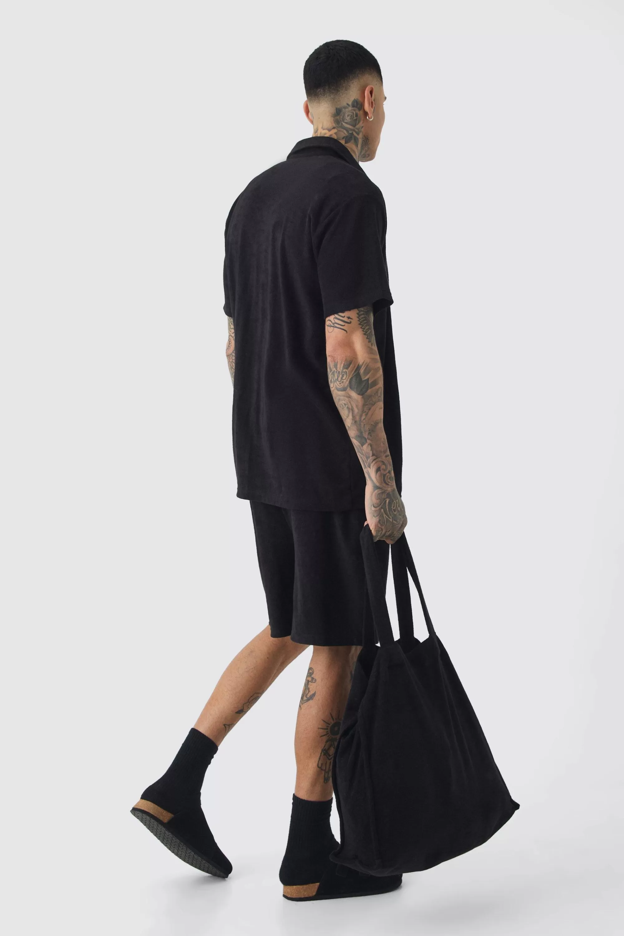 boohooMAN Tall Towelling Overshirt Shirt Short & Tote Set | UK