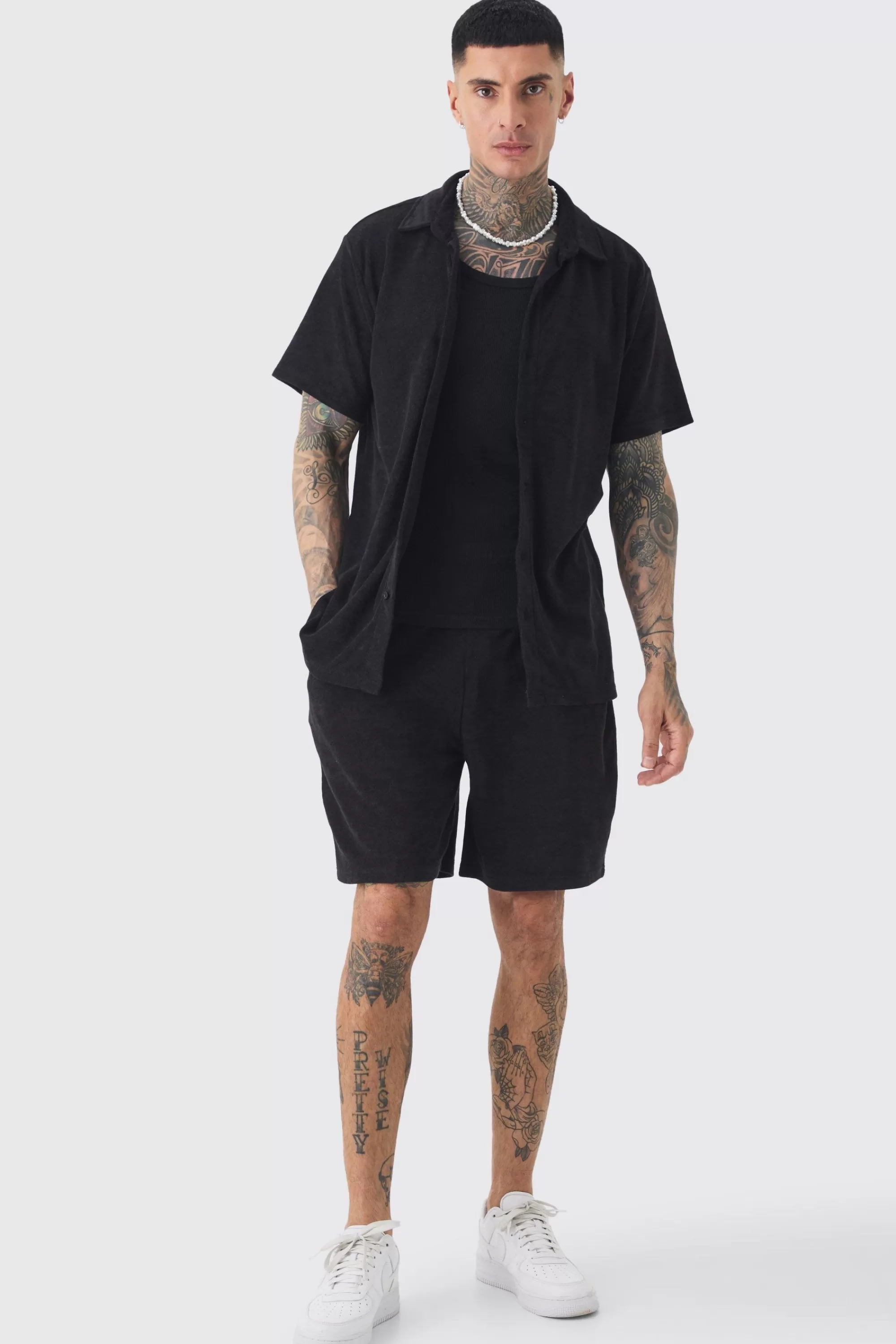 boohooMAN Tall Towelling Shirt & Short Set In | UK