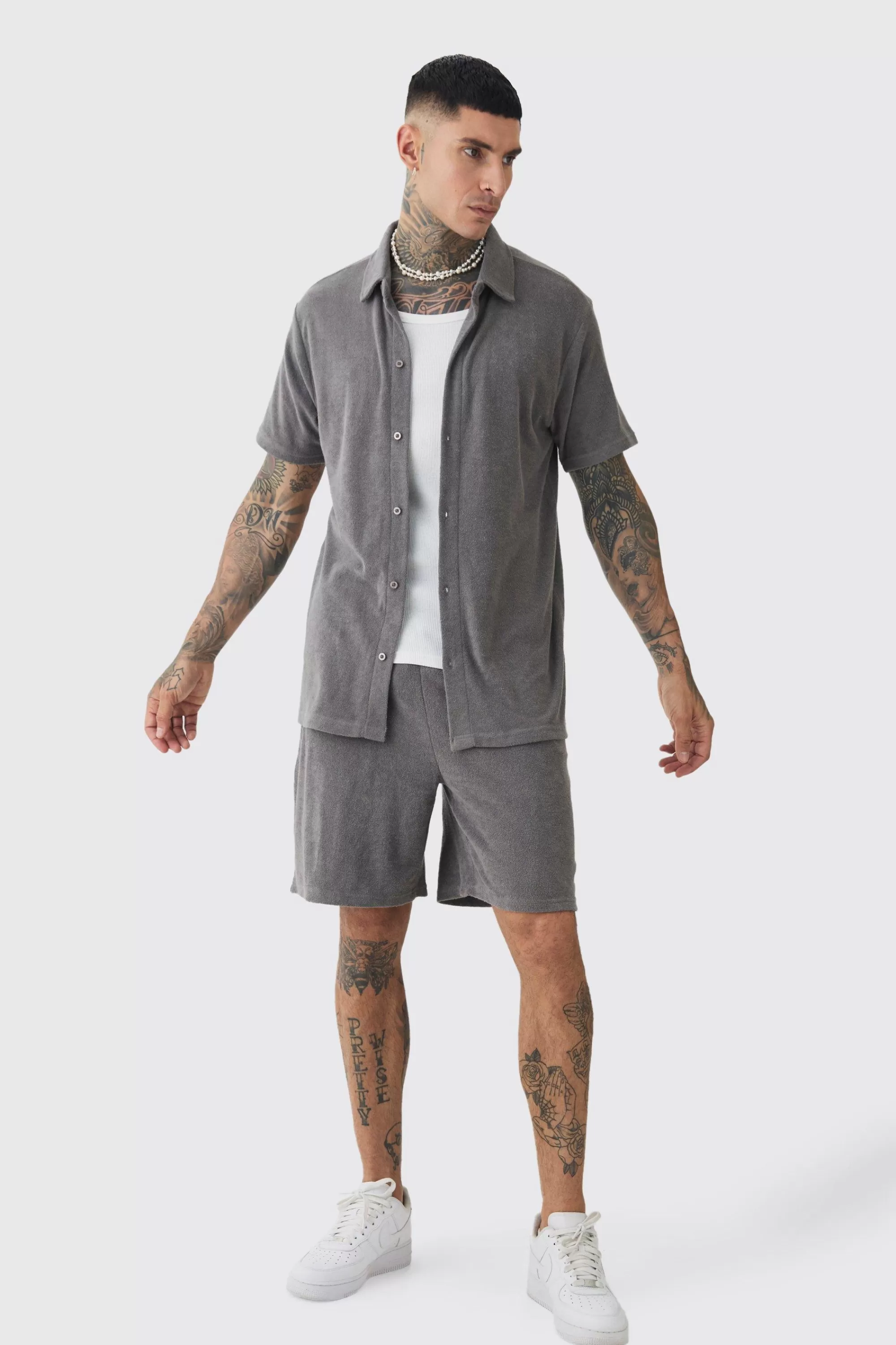 boohooMAN Tall Towelling Shirt Shirt & Short Set In | UK