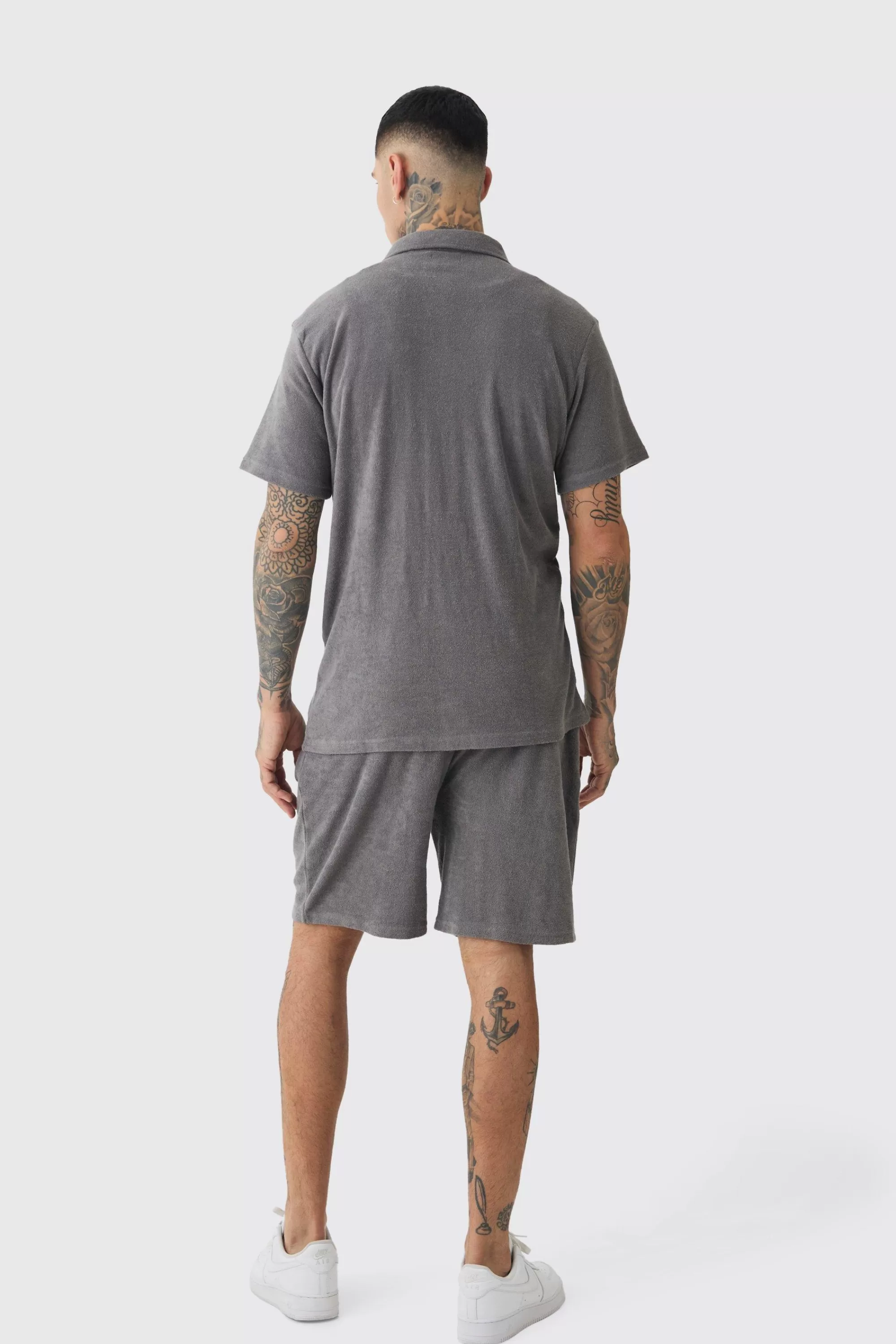 boohooMAN Tall Towelling Shirt Shirt & Short Set In | UK