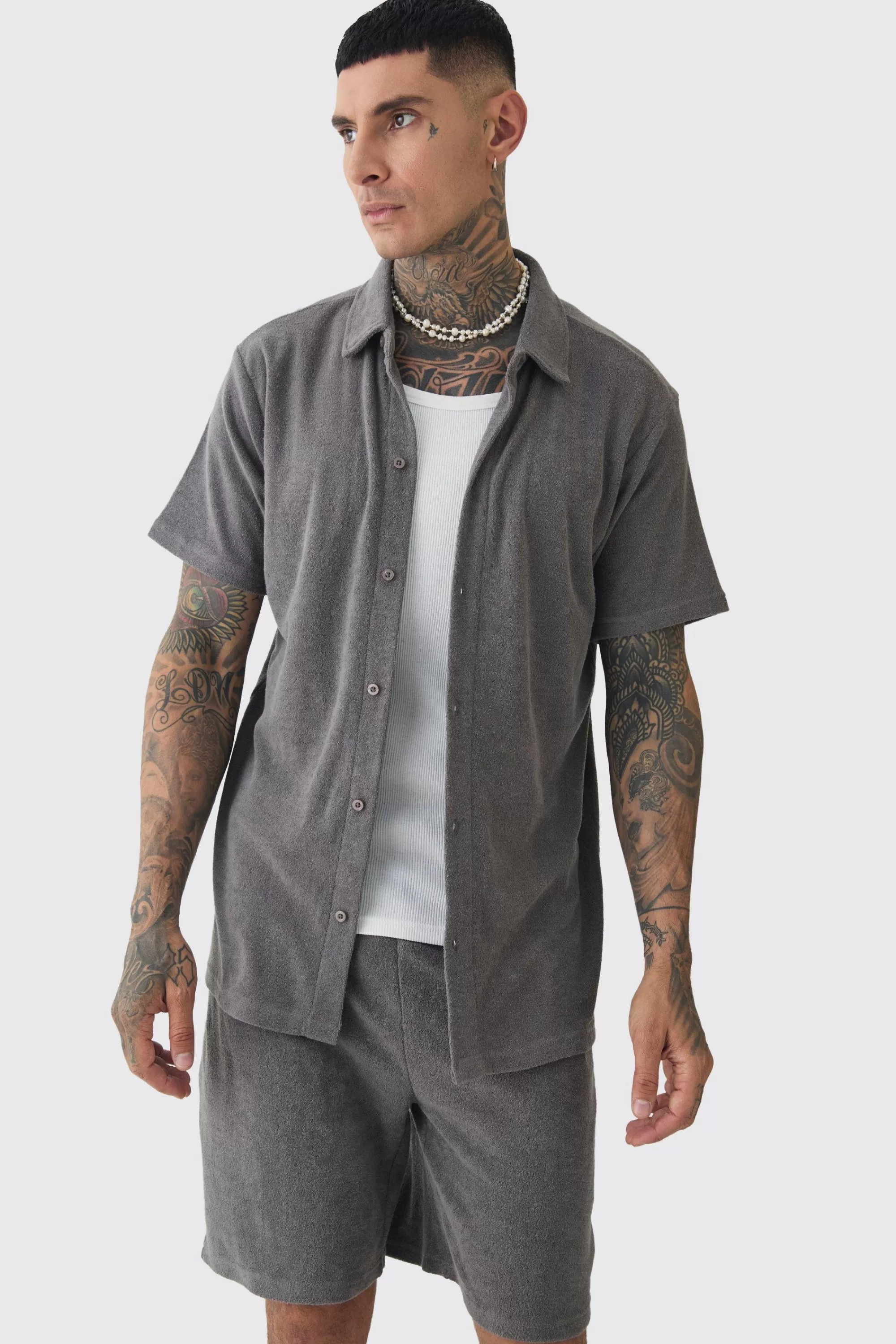 boohooMAN Tall Towelling Shirt Shirt & Short Set In | UK