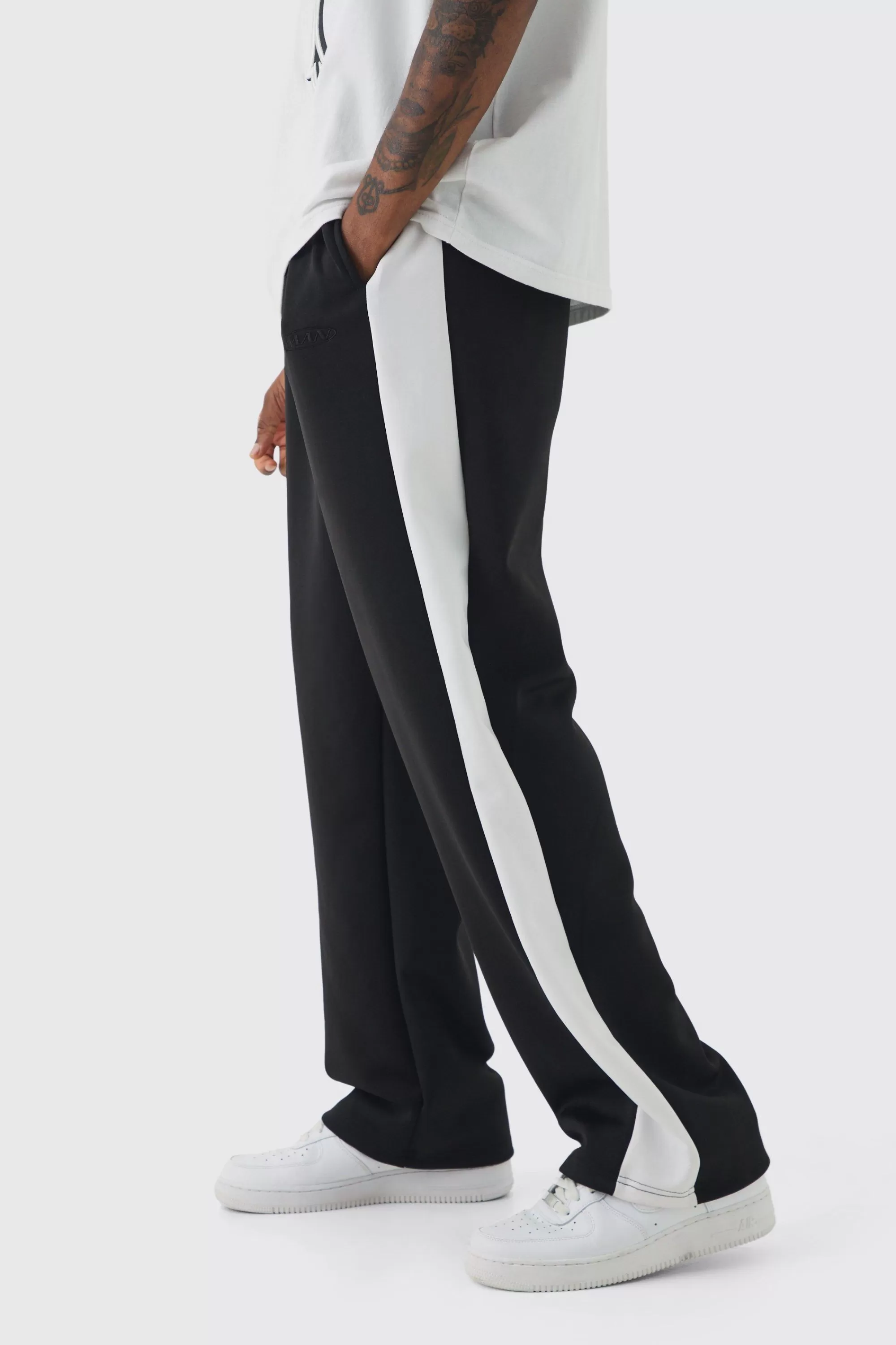 boohooMAN Tall Tricot Side Panel Embroidered Relaxed Fit Trousers | UK