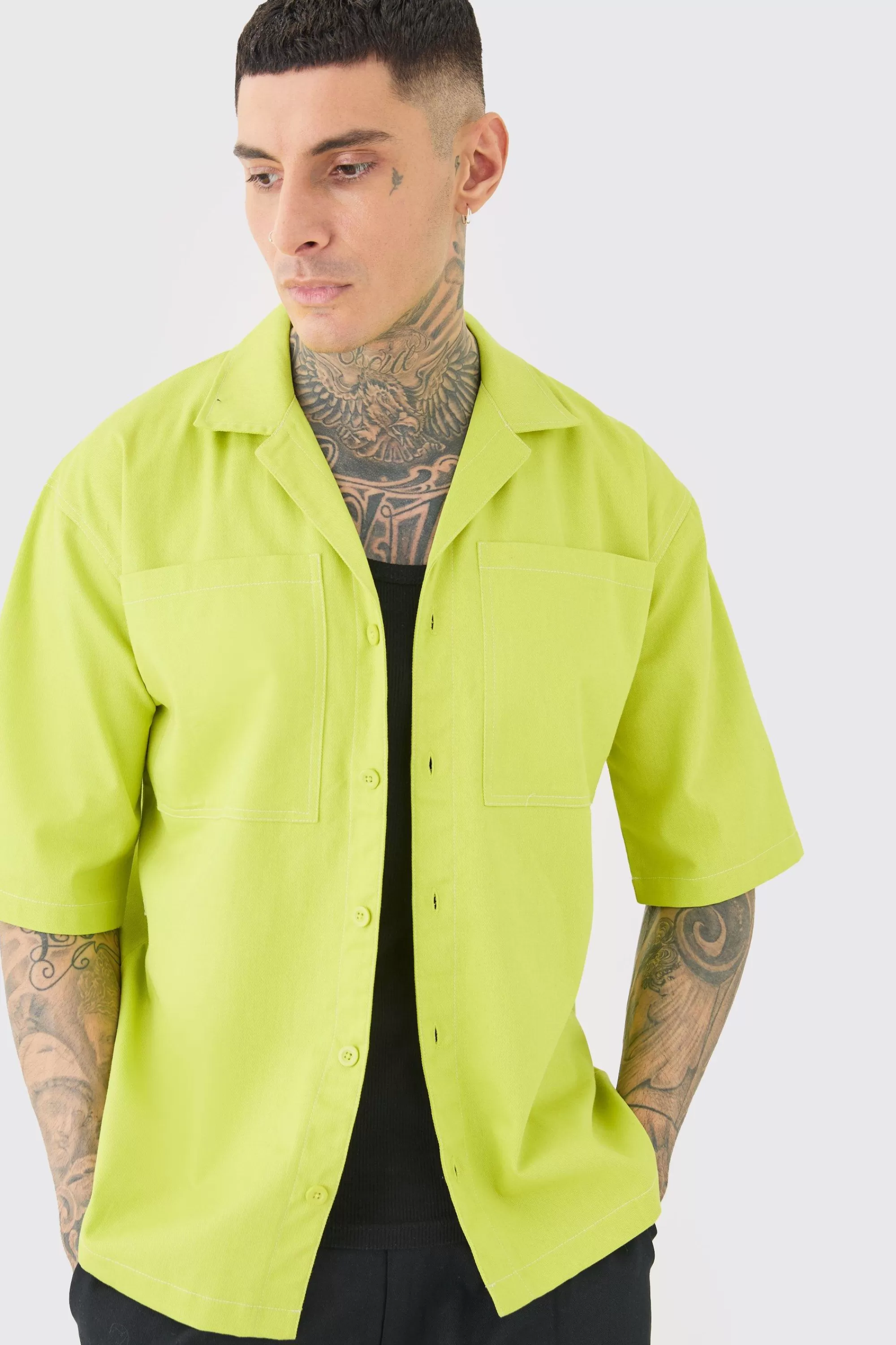 boohooMAN Tall Twill Drop Revere Contrast Stitch Shirt | UK