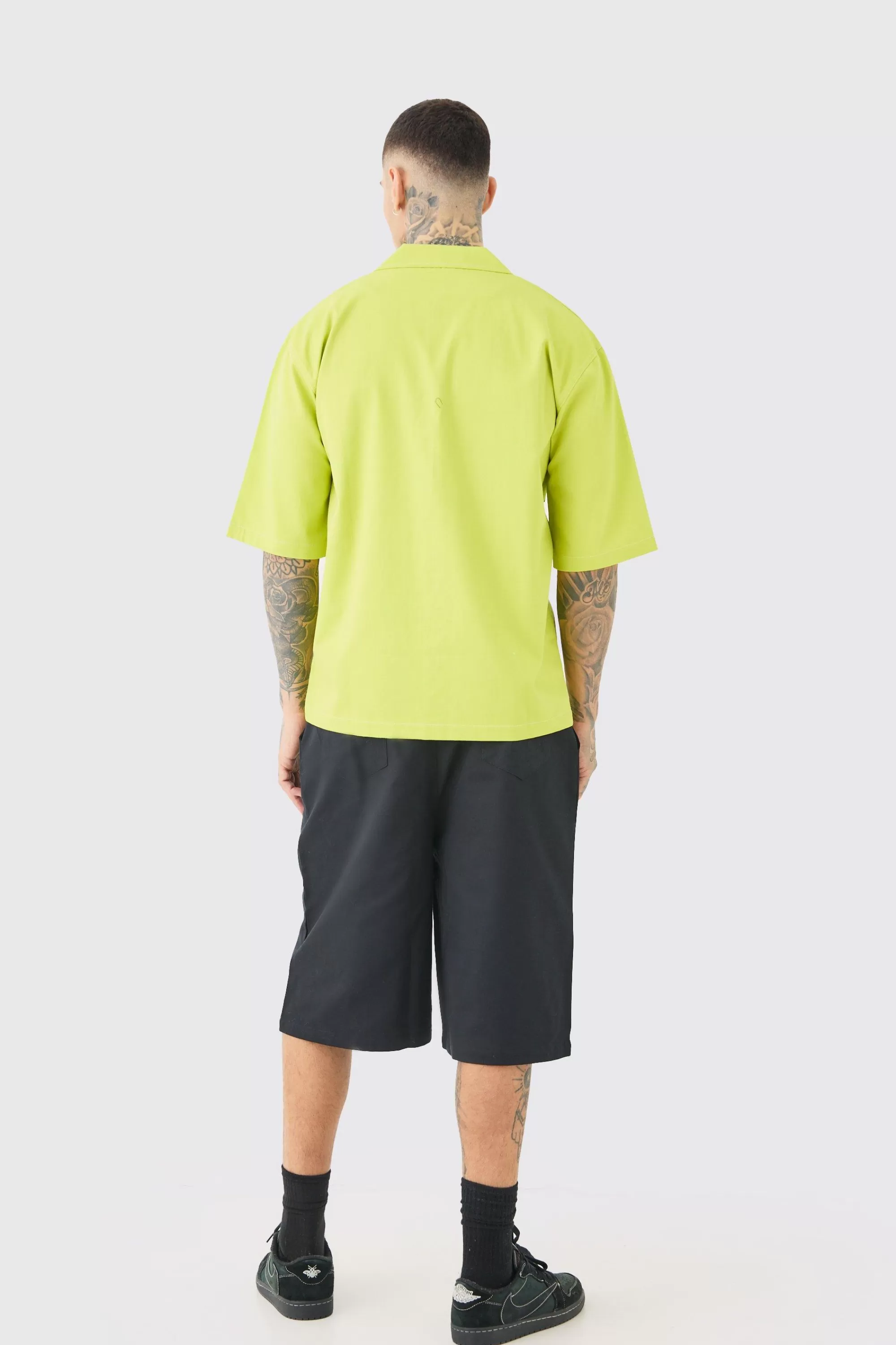 boohooMAN Tall Twill Drop Revere Contrast Stitch Shirt | UK