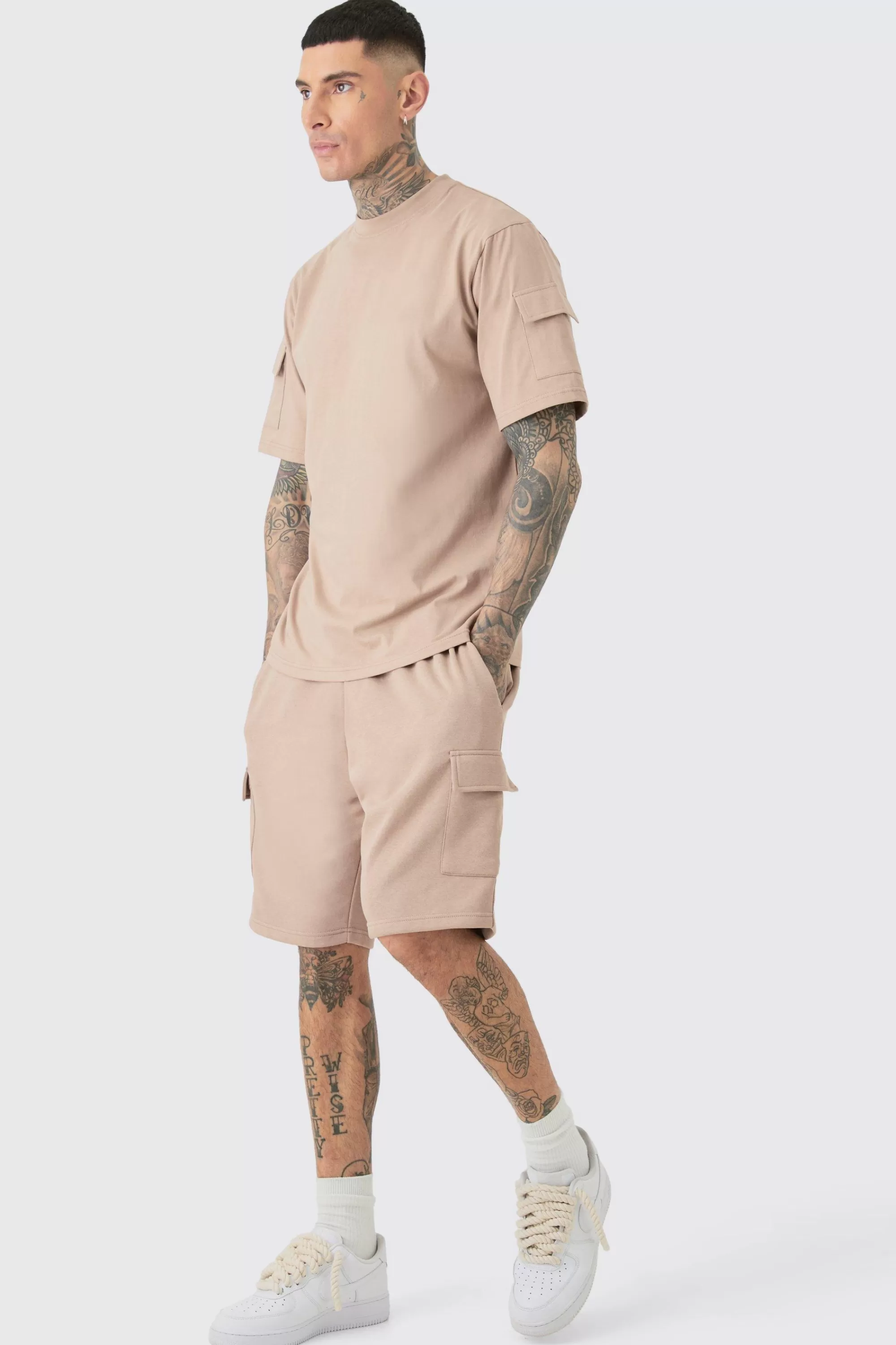 boohooMAN Tall Utility Pocket T-shirt & Cargo Short Set | UK