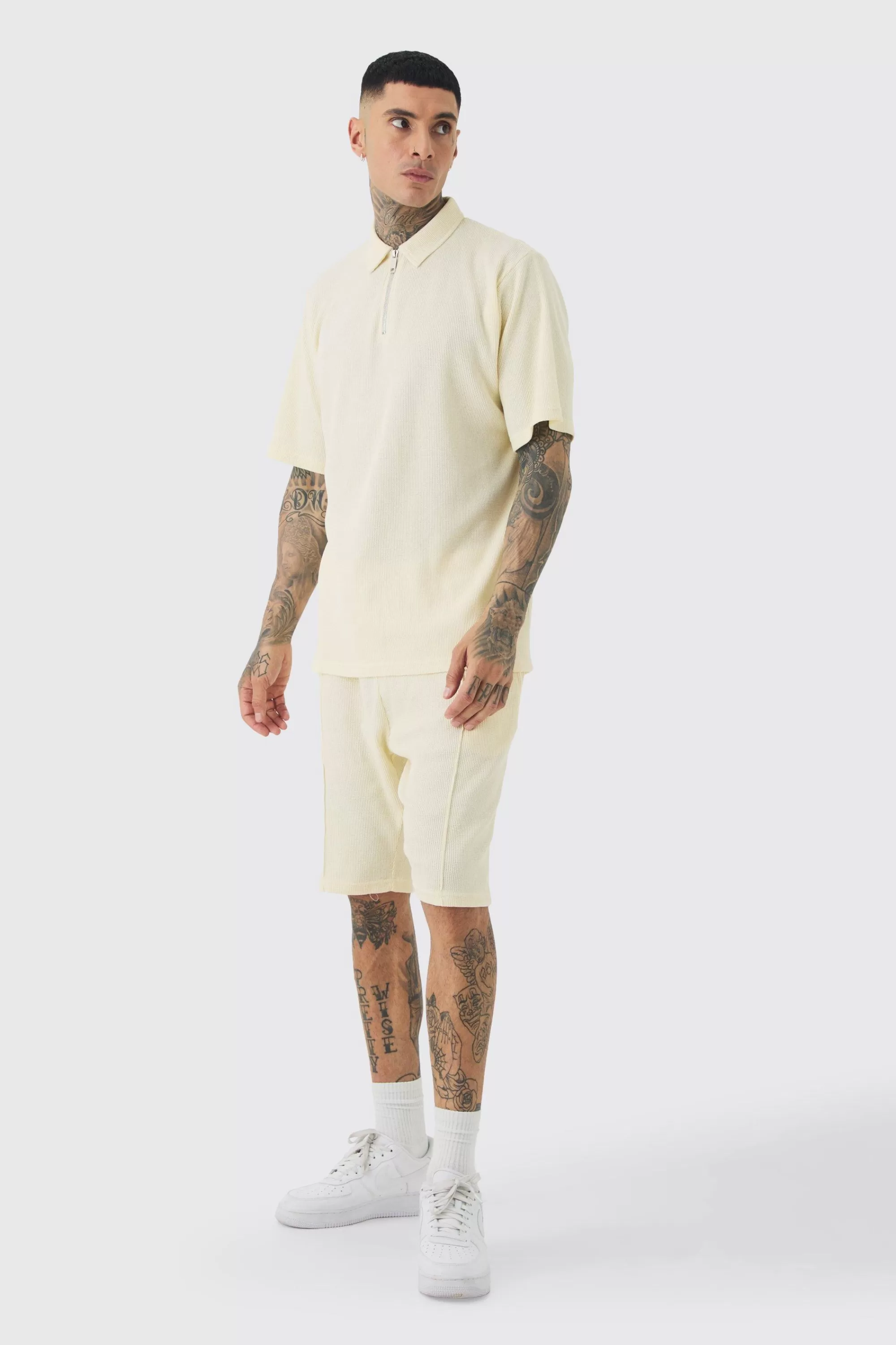 boohooMAN Tall Waffle Polo & Short Set | UK