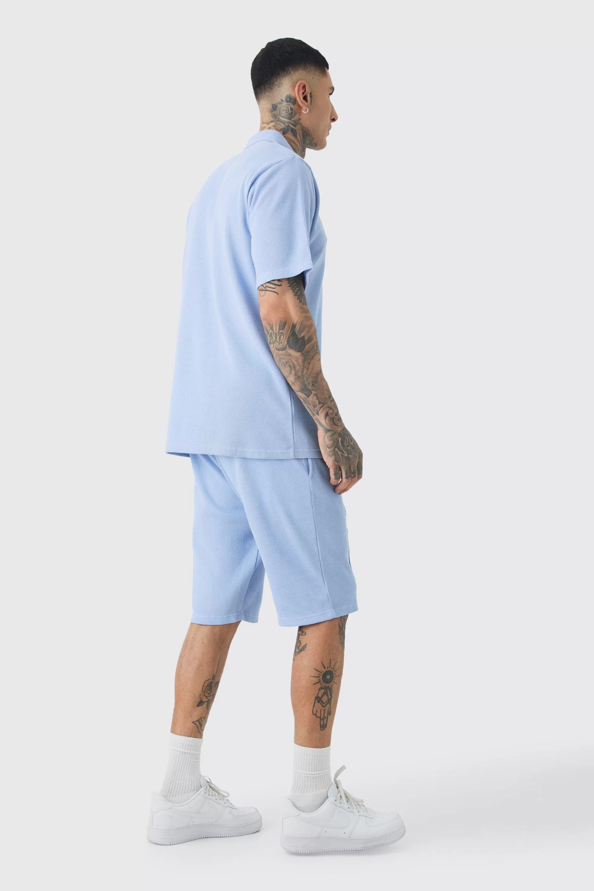 boohooMAN Tall Waffle Polo & Short Set | UK