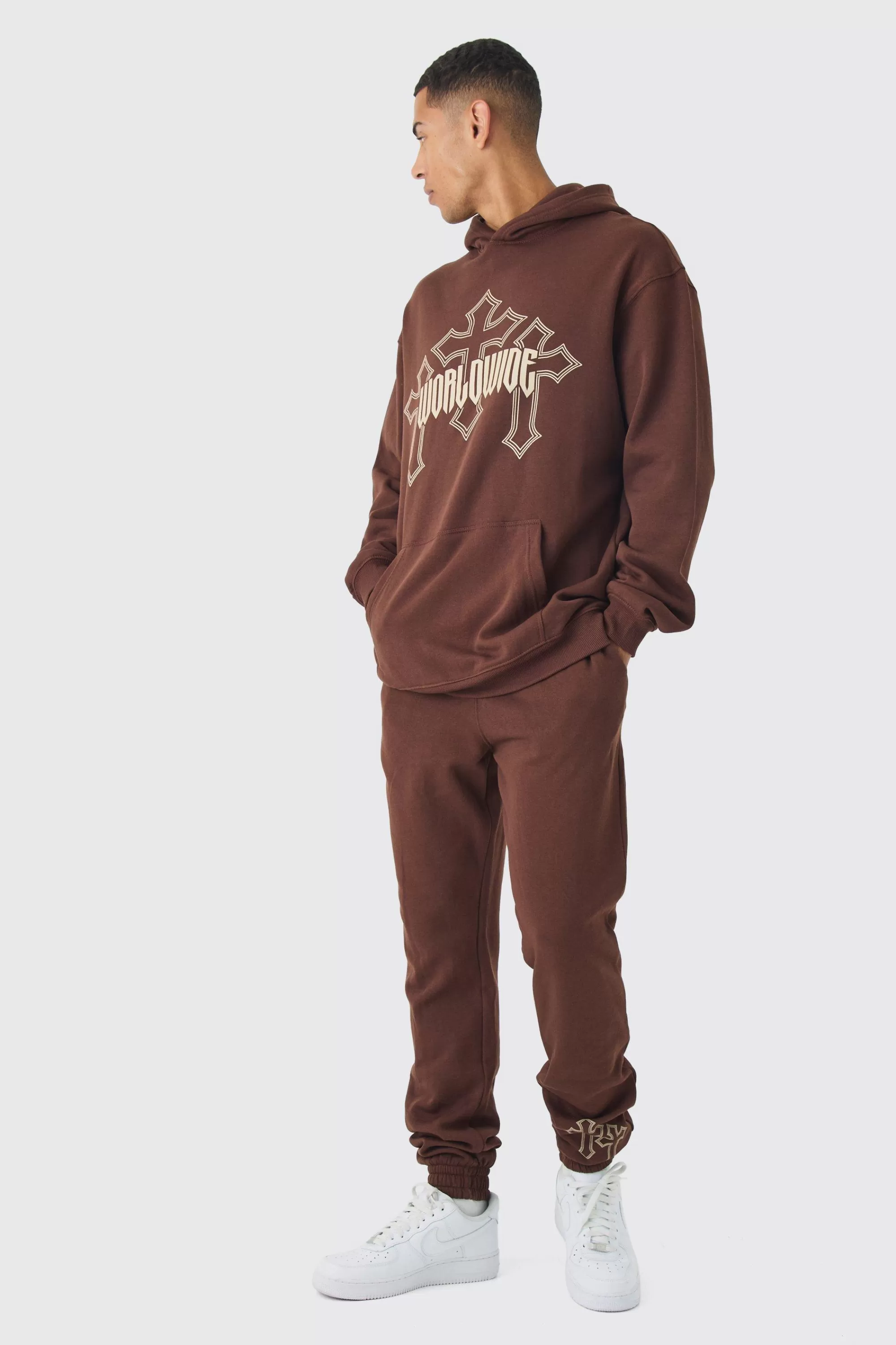 boohooMAN Tall Worldwide Gothic Cross Hoodie & Relaxed Fit Jogger Tracksuit | UK