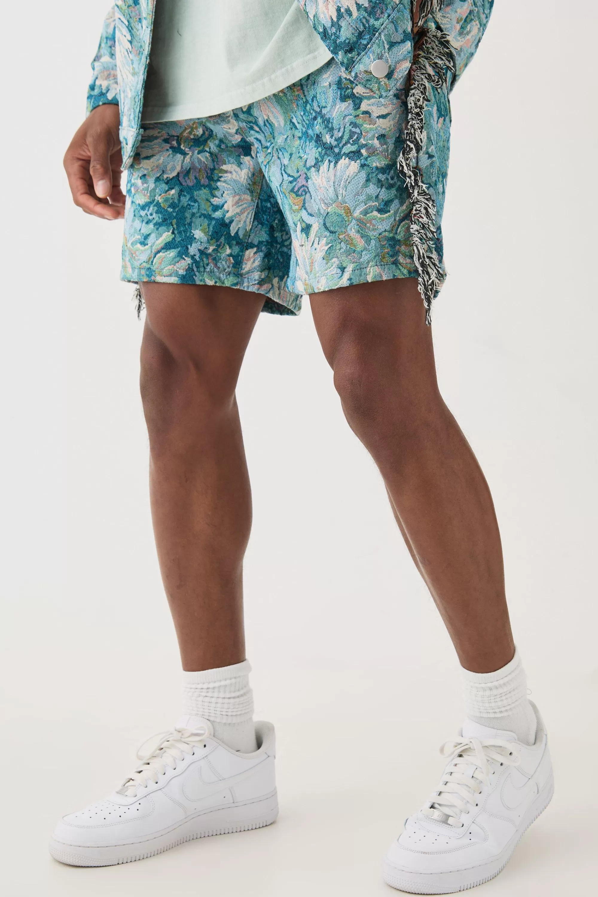 boohooMAN Tapestry Frayed Relaxed Fit Shorts | UK