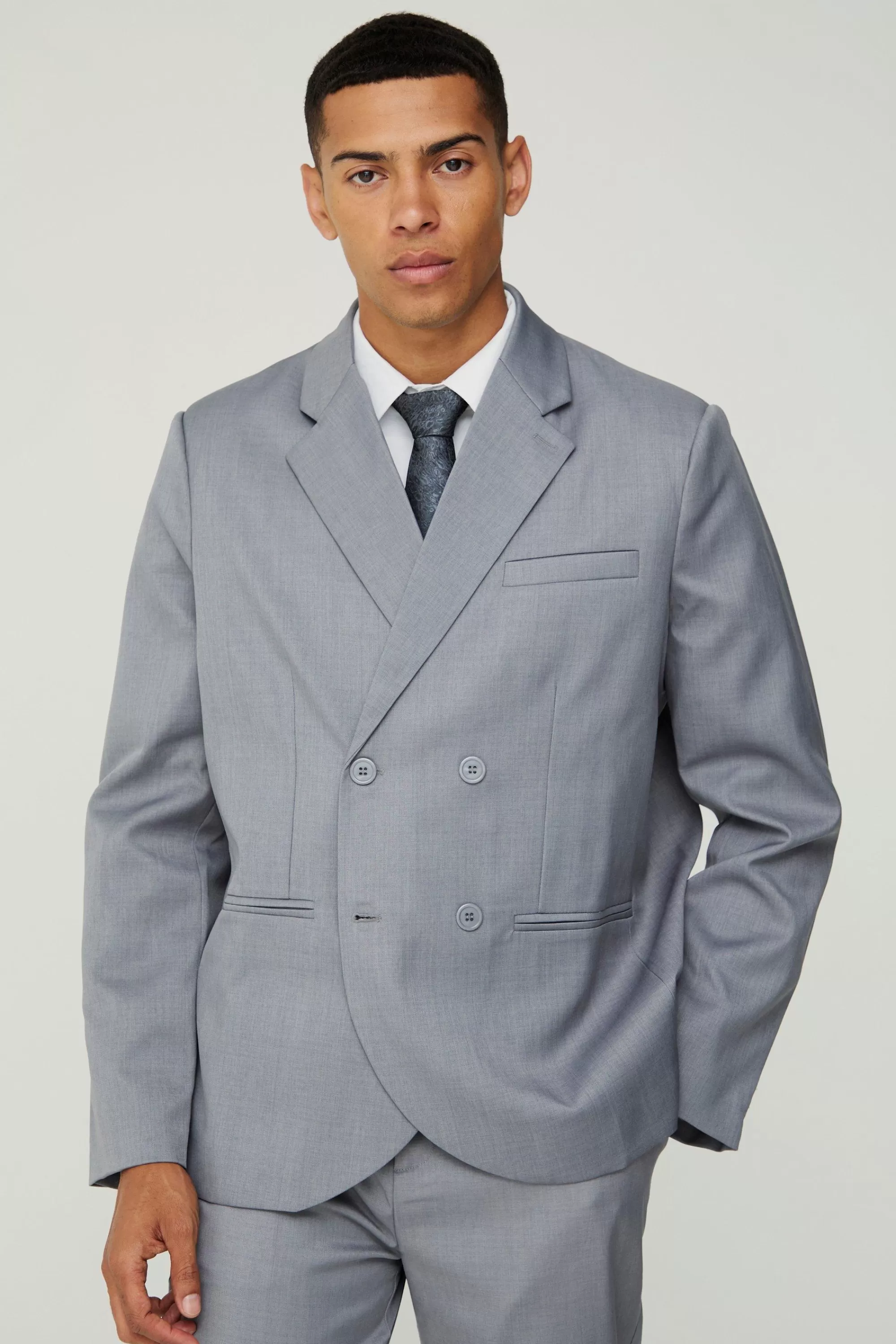 boohooMAN Textured Double Breasted Suit Jacket | UK