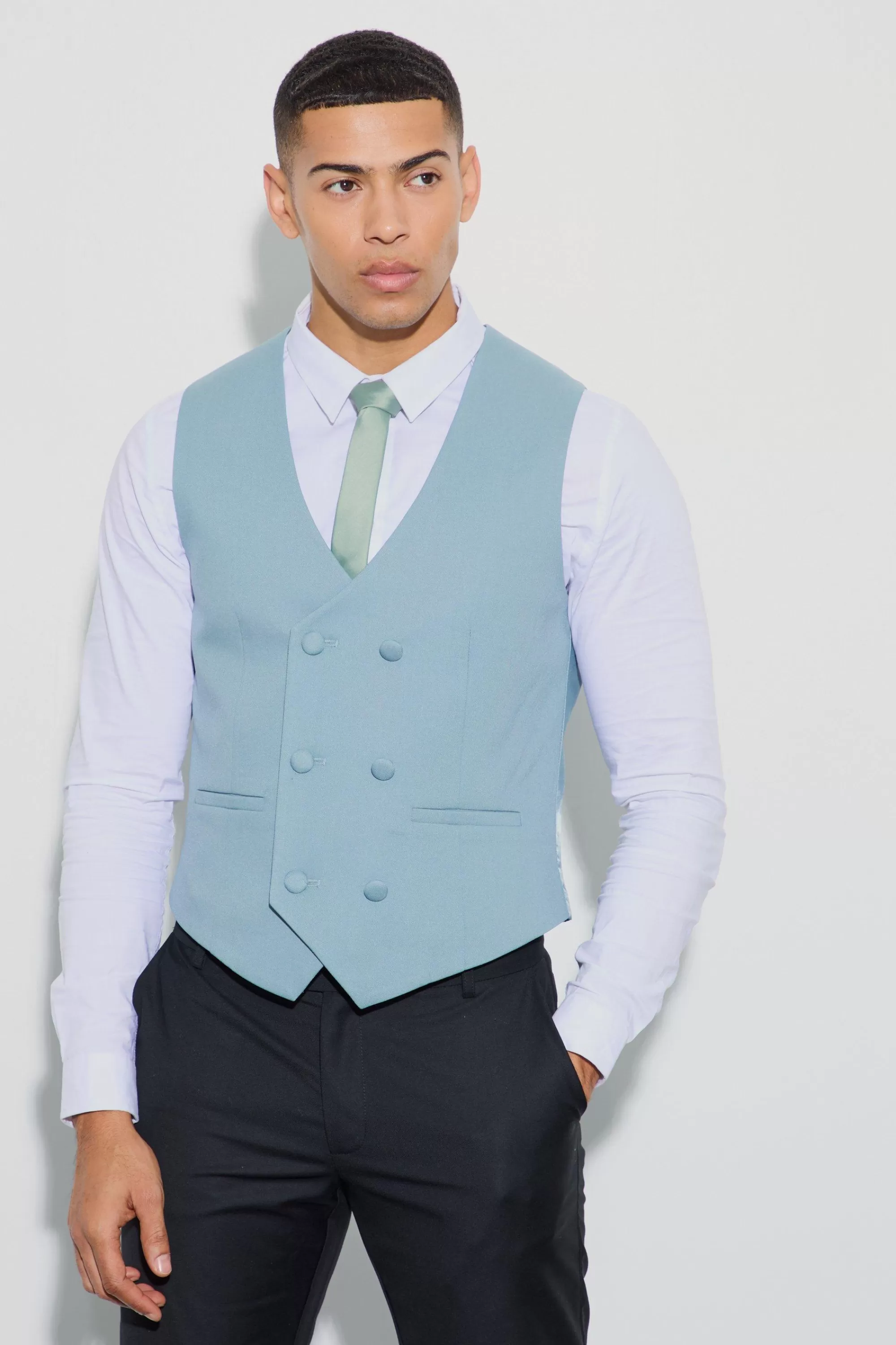 boohooMAN Textured Double Breasted Waistcoat | UK