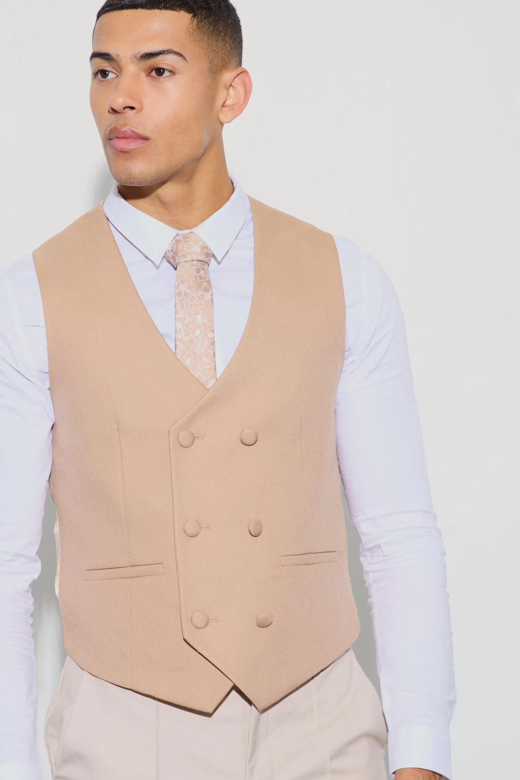 boohooMAN Textured Double Breasted Waistcoat | UK