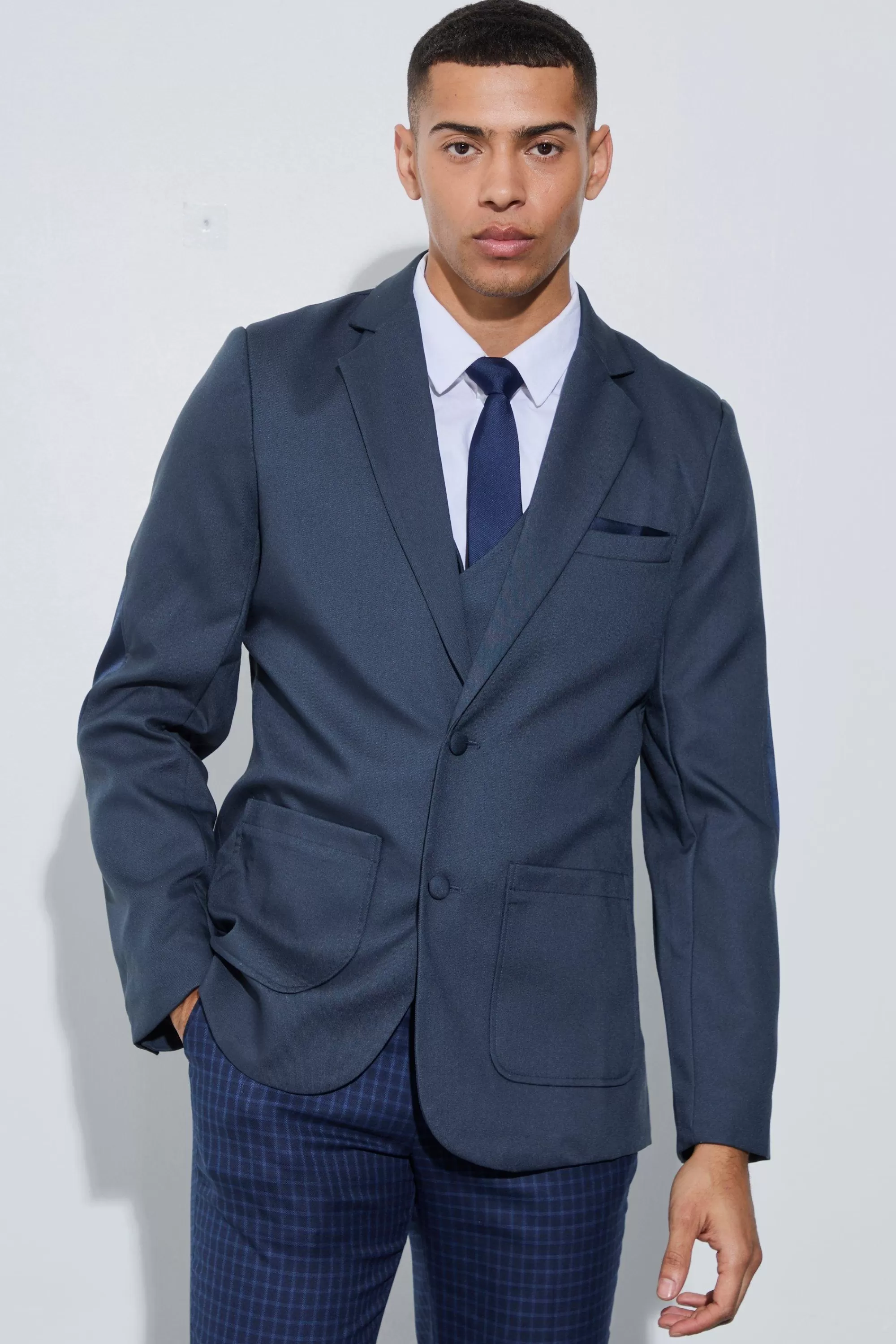 boohooMAN Textured Elbow Patch Slim Fit Blazer | UK