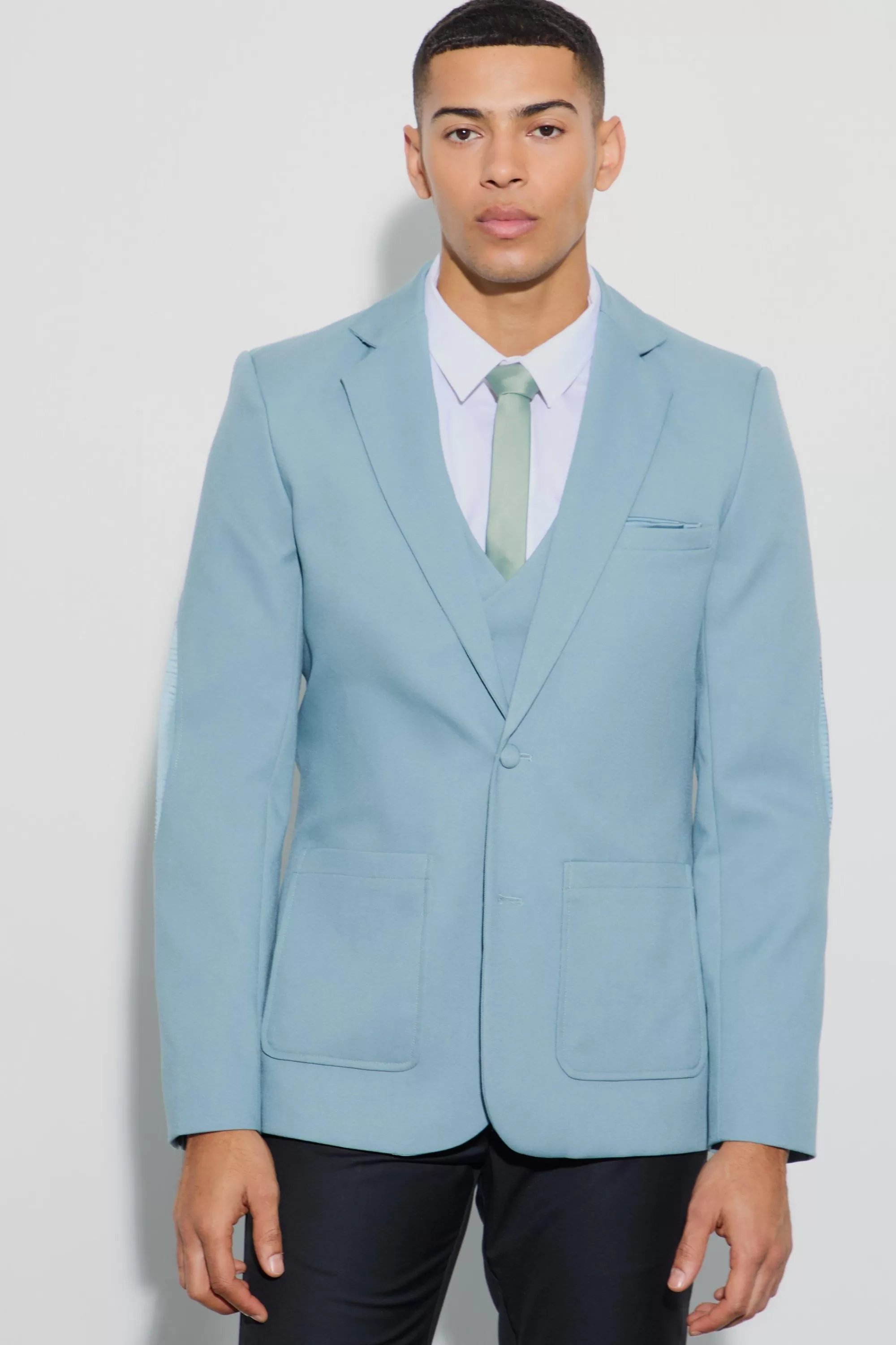 boohooMAN Textured Elbow Patch Slim Fit Blazer | UK