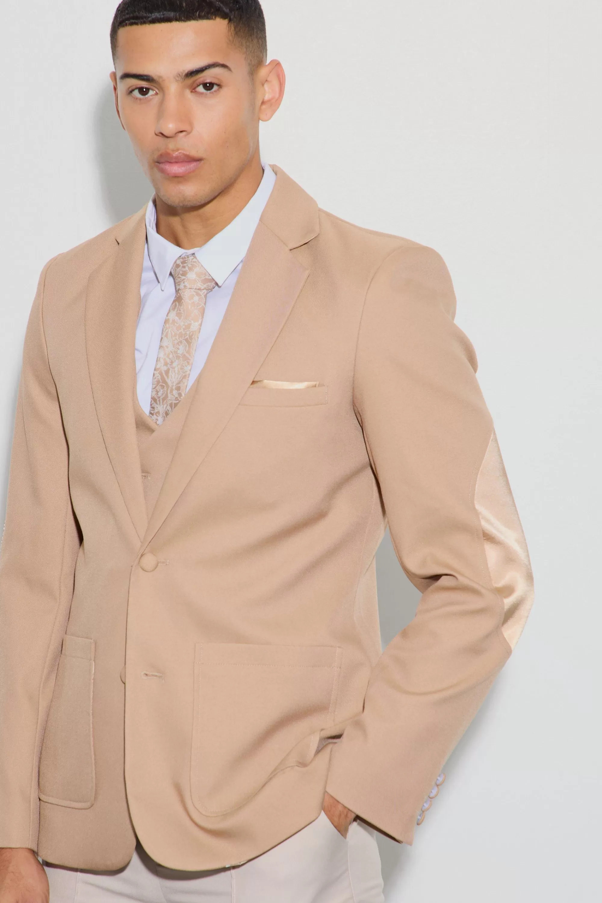 boohooMAN Textured Elbow Patch Slim Fit Blazer | UK