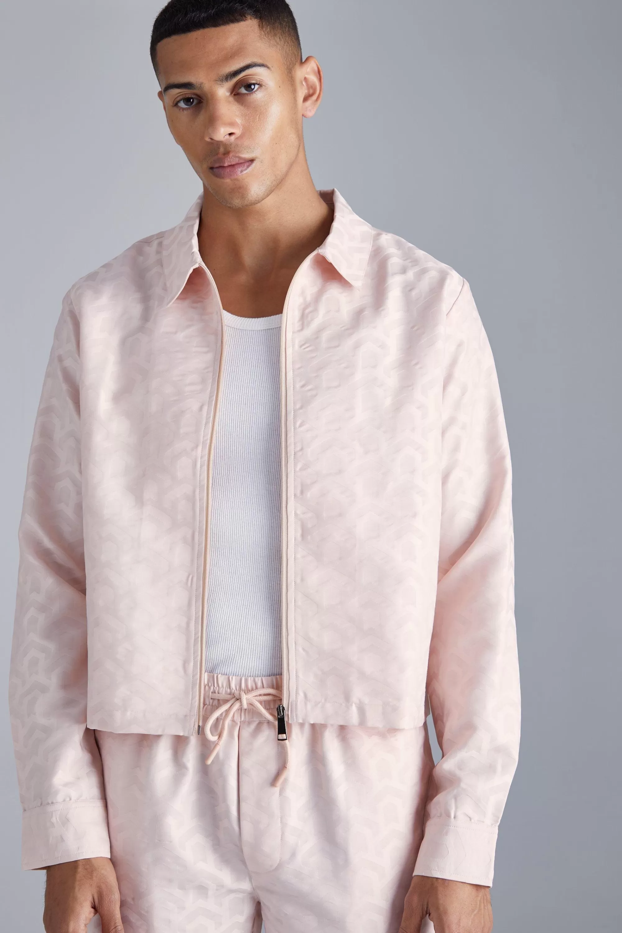 boohooMAN Textured Geo Boxy Zip Through Overshirt | UK
