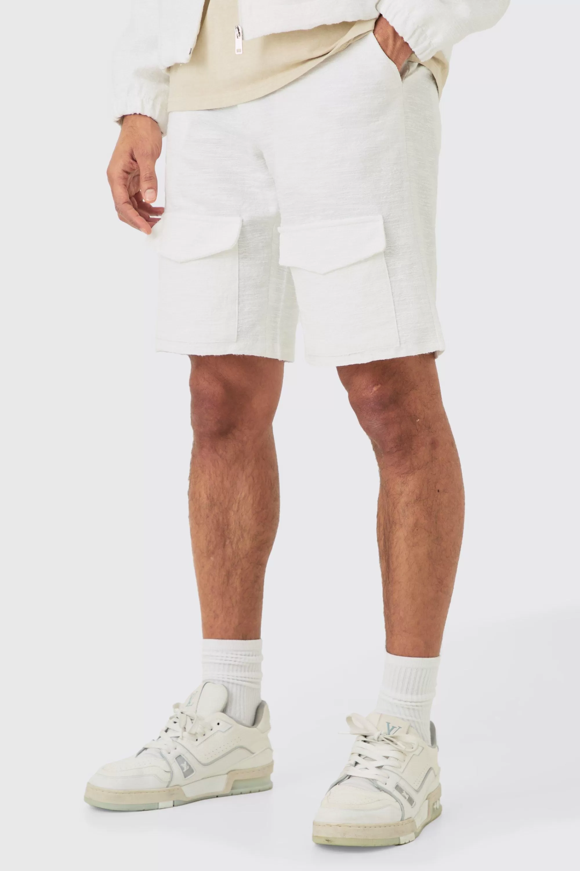 boohooMAN Textured Jacquard Fixed Waist Smart Cargo Shorts | UK