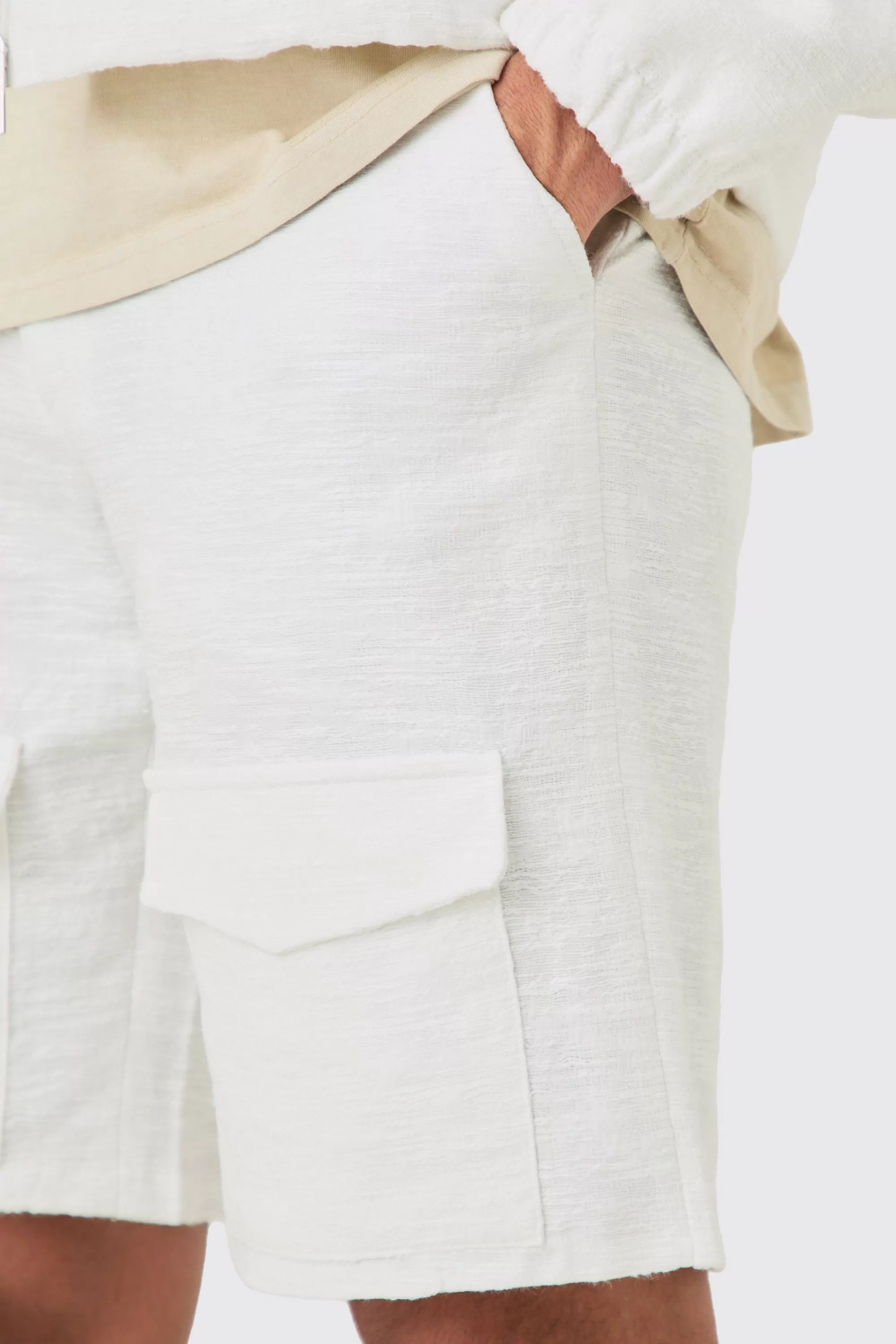 boohooMAN Textured Jacquard Fixed Waist Smart Cargo Shorts | UK