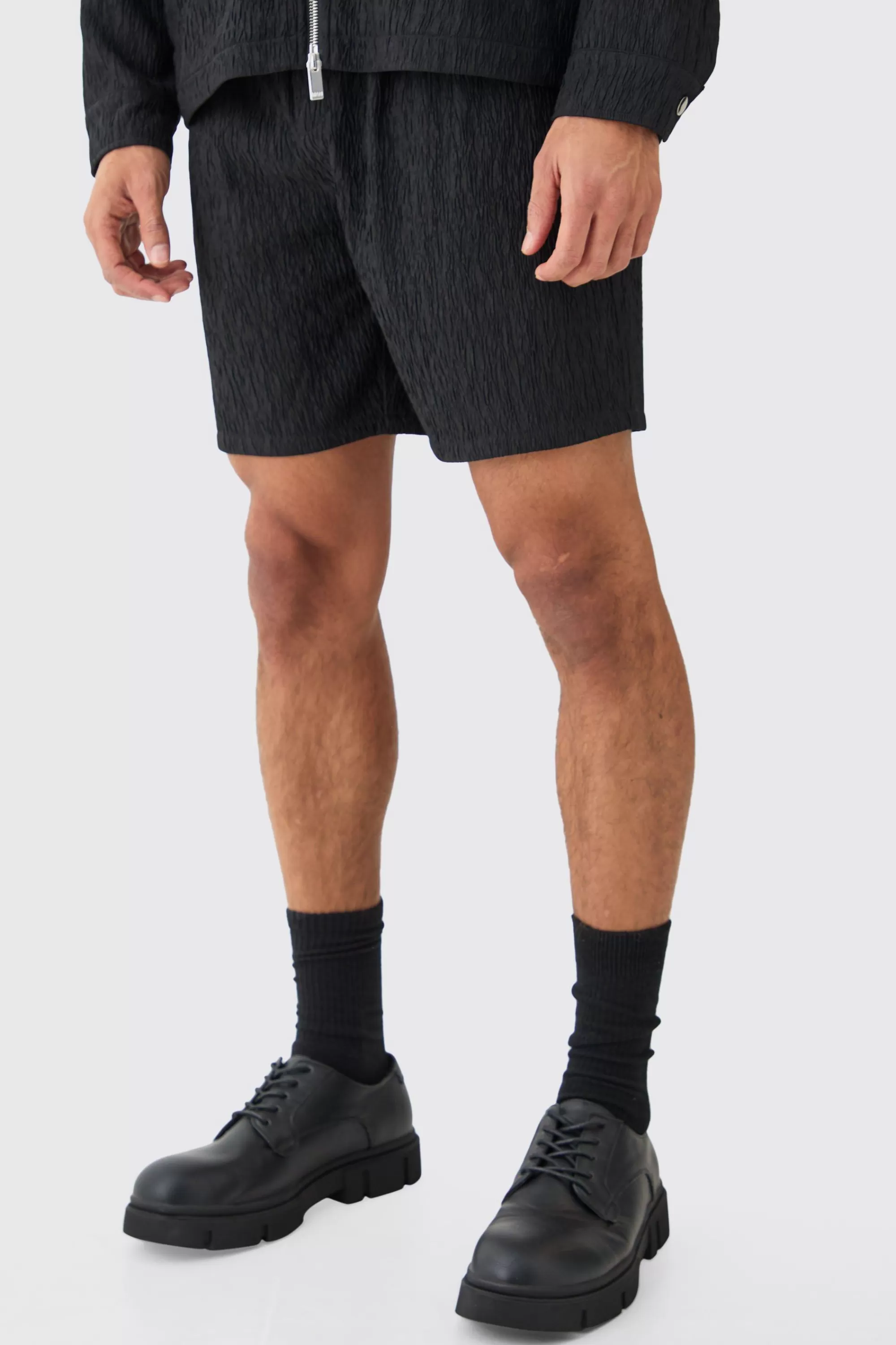 boohooMAN Textured Satin Elasticated Waist Shorts | UK