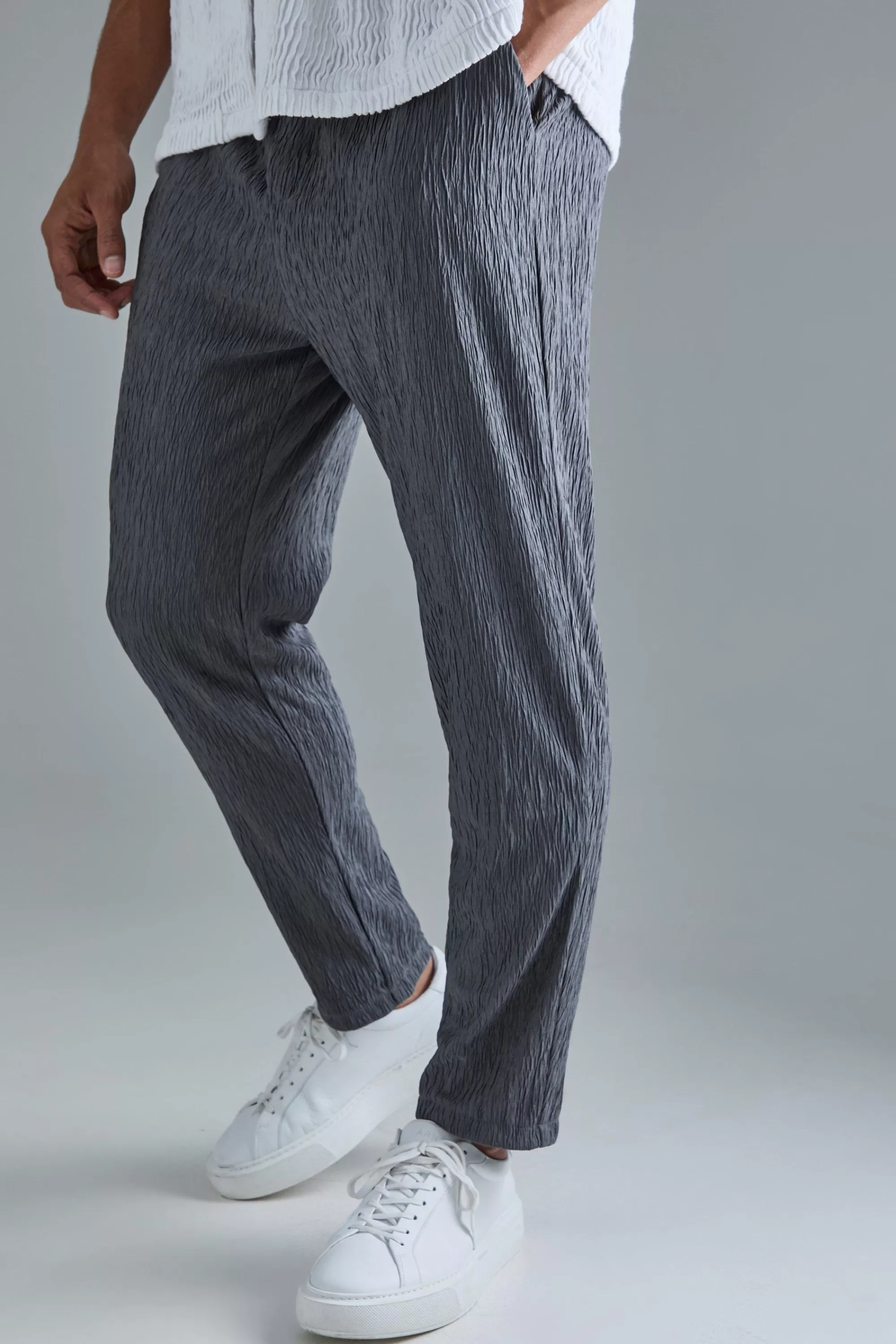 boohooMAN Textured Satin Elasticated Waist Tapered Trousers | UK