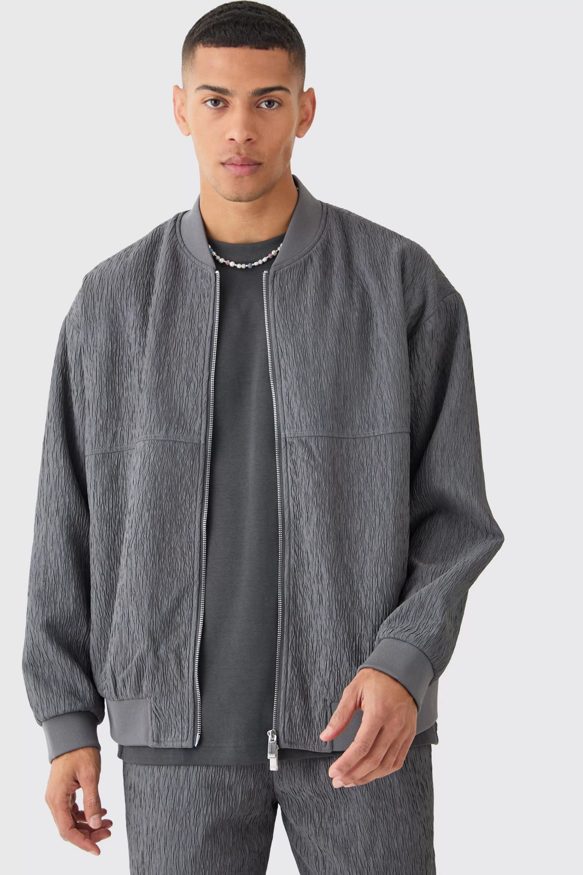 boohooMAN Textured Satin Oversized Bomber Jacket | UK
