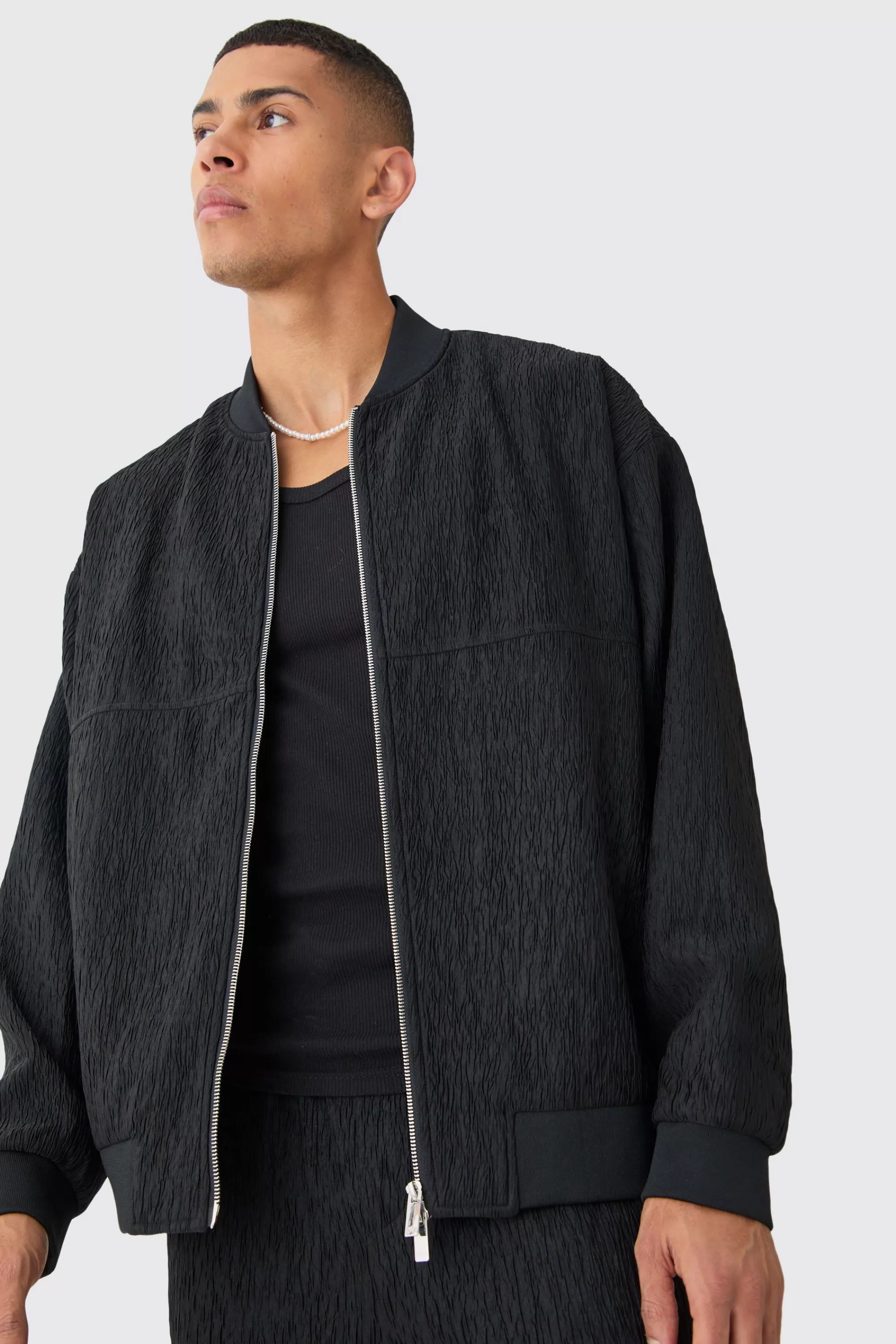 boohooMAN Textured Satin Oversized Bomber Jacket | UK