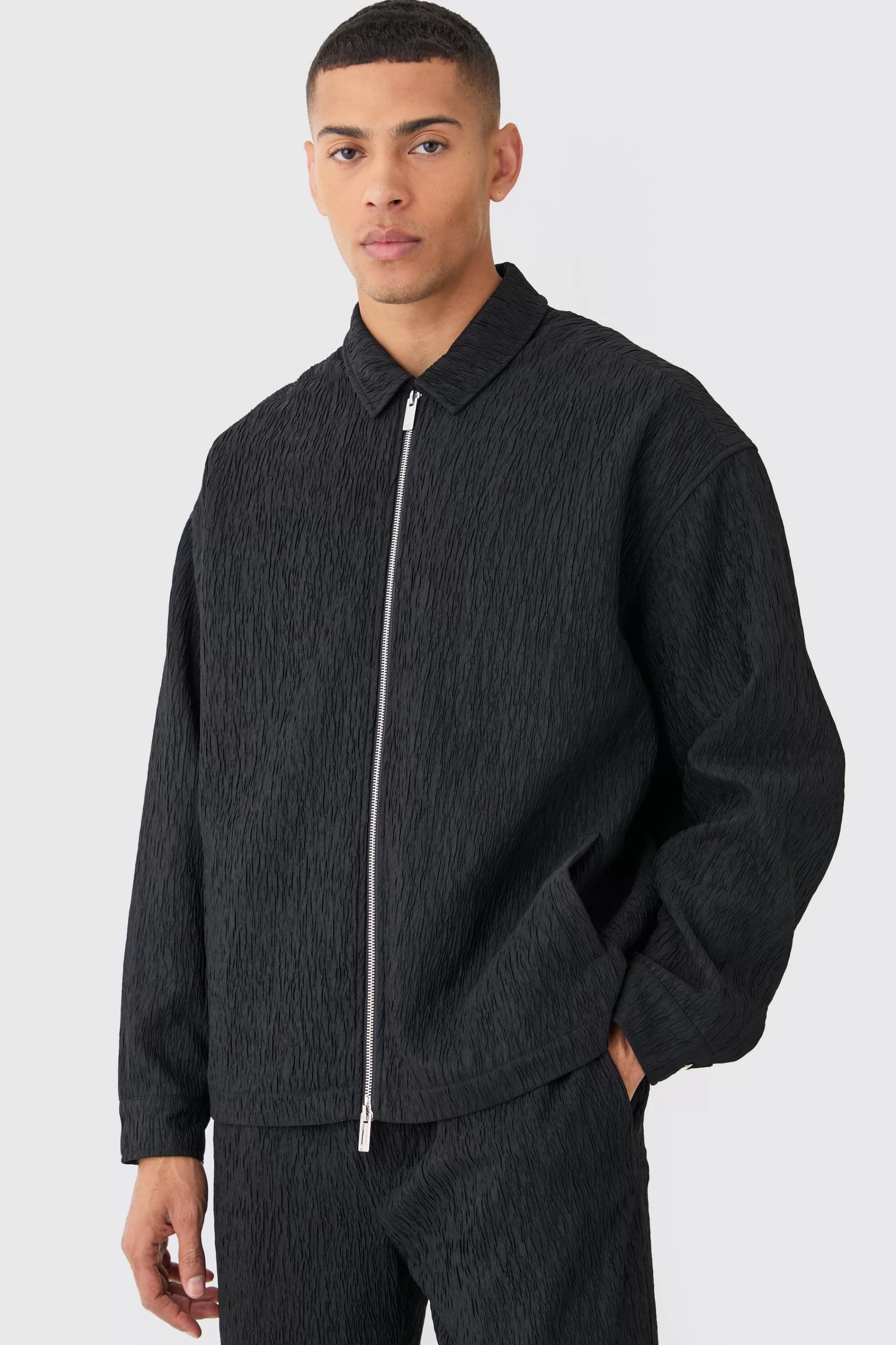 boohooMAN Textured Satin Zip Up Harrington Jacket | UK