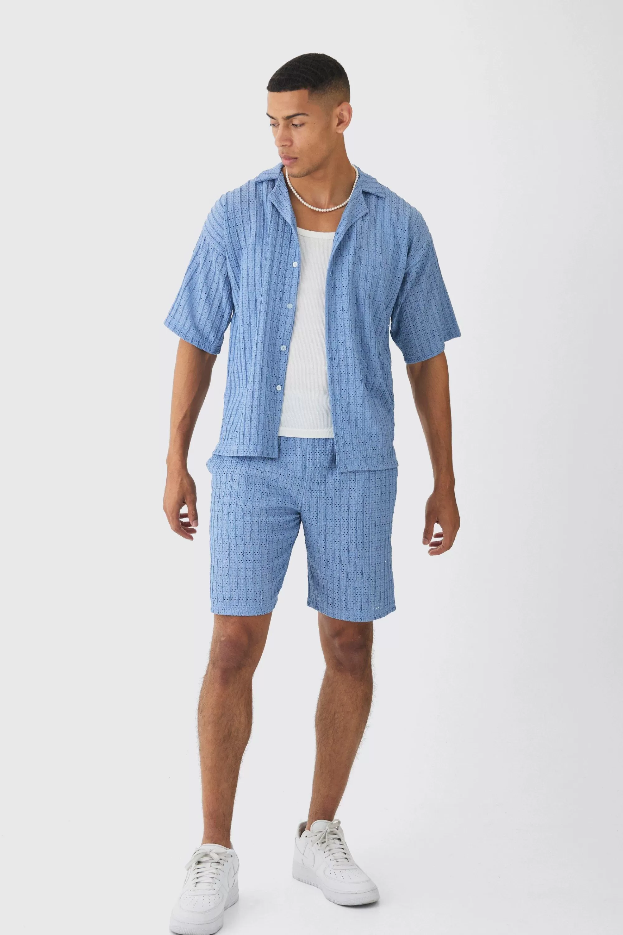 boohooMAN Textured Stripe Revere Shirt & Short Set | UK