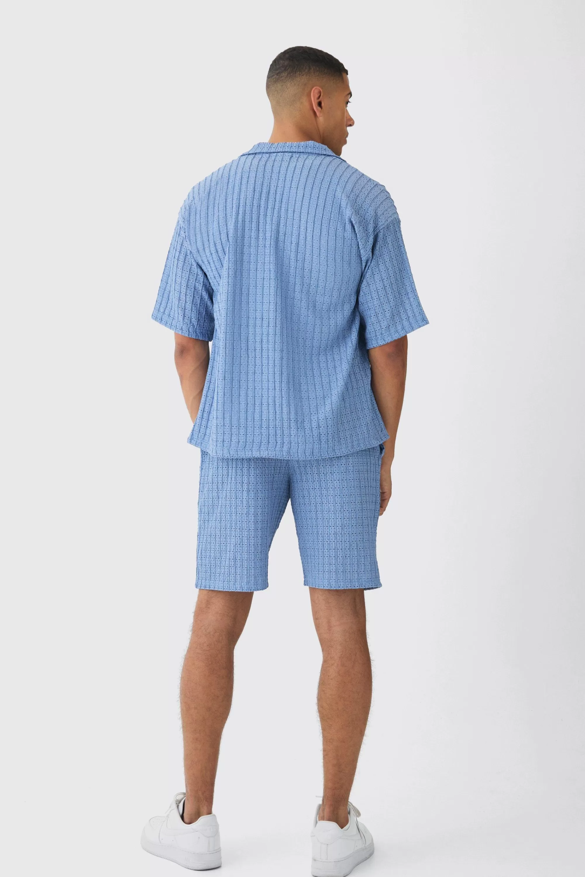 boohooMAN Textured Stripe Revere Shirt & Short Set | UK