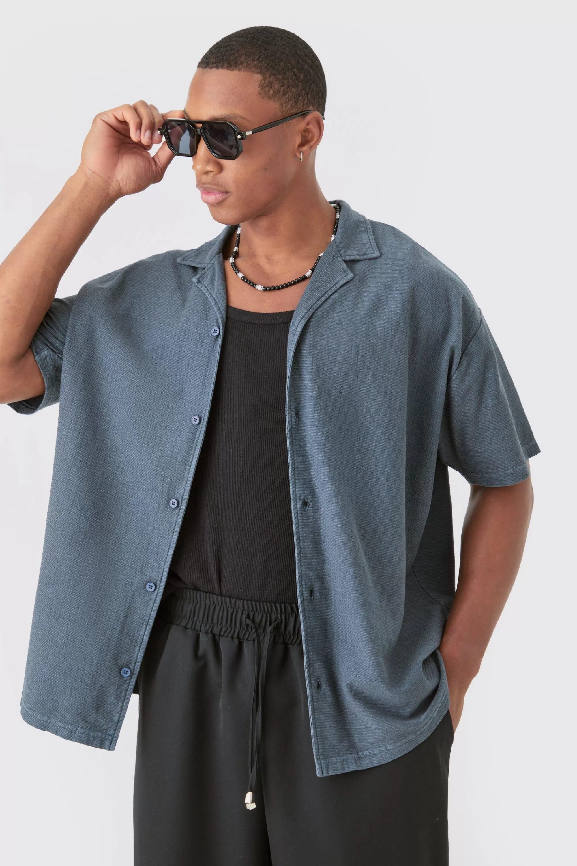 boohooMAN Textured Washed Dropped Shoulder Revere Shirt | UK