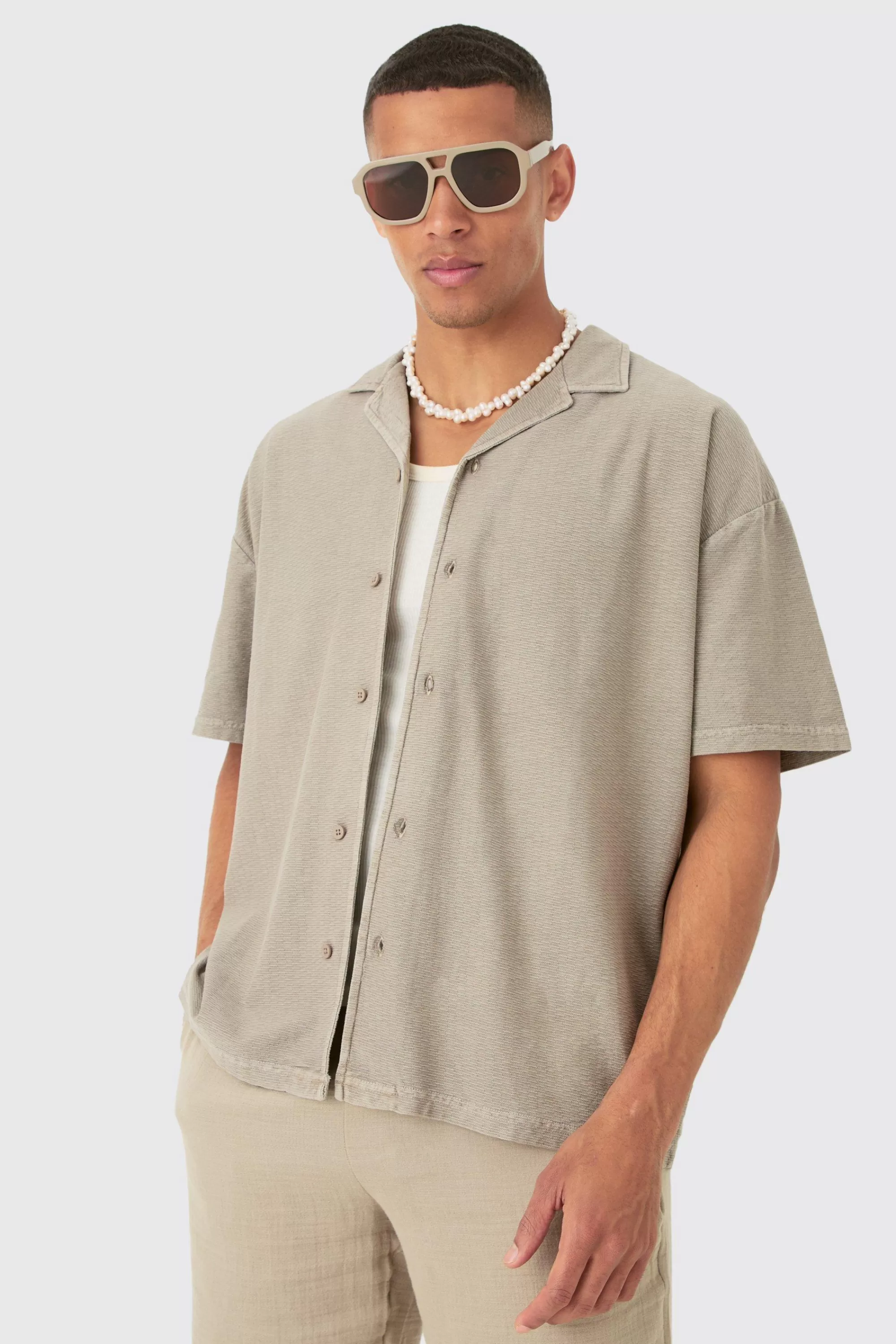 boohooMAN Textured Washed Dropped Shoulder Revere Shirt | UK