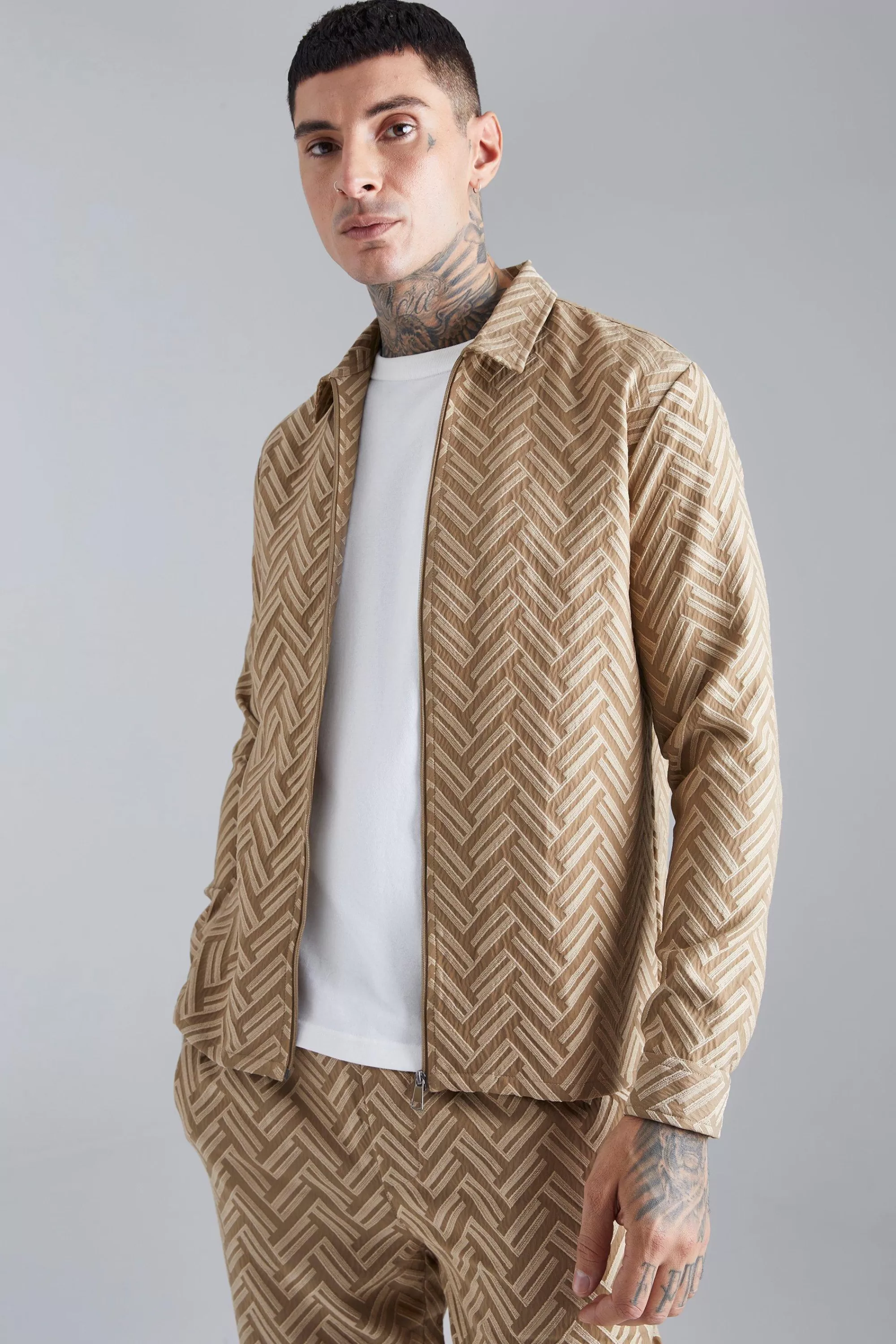 boohooMAN Tonal Geo Smart Zip Overshirt | UK