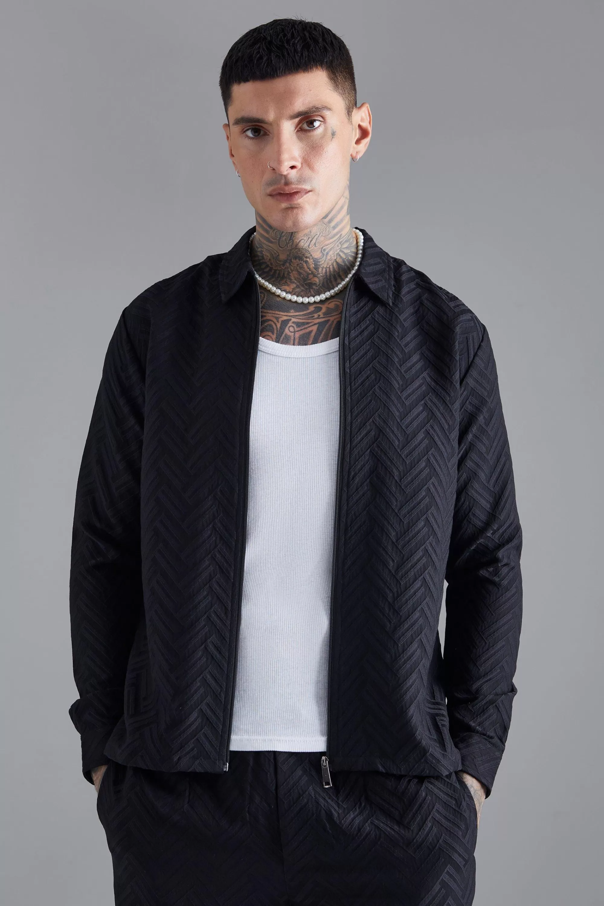 boohooMAN Tonal Geo Smart Zip Overshirt | UK