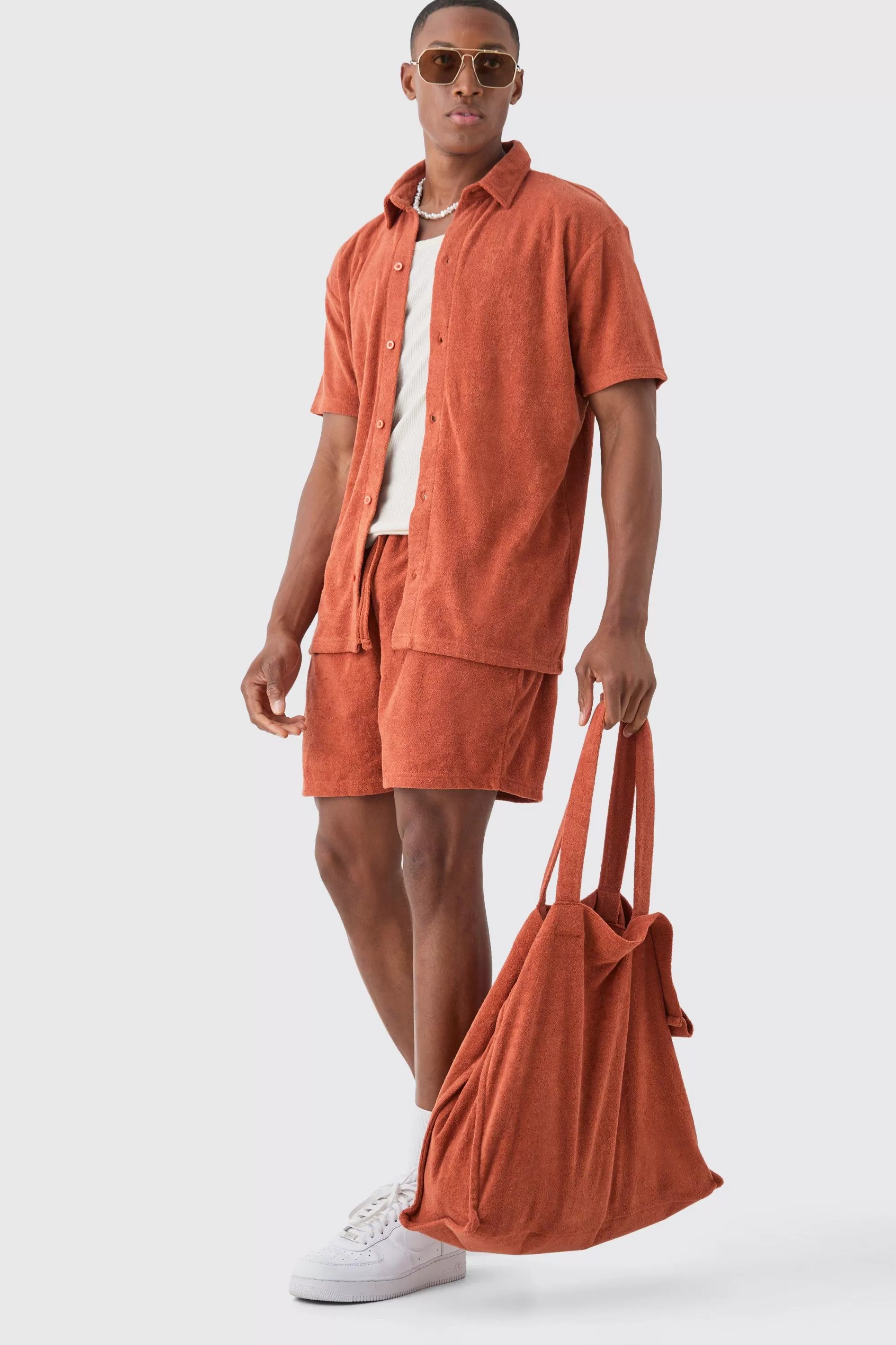 boohooMAN Towelling 3 Piece Shirt, Short & Tote Set | UK
