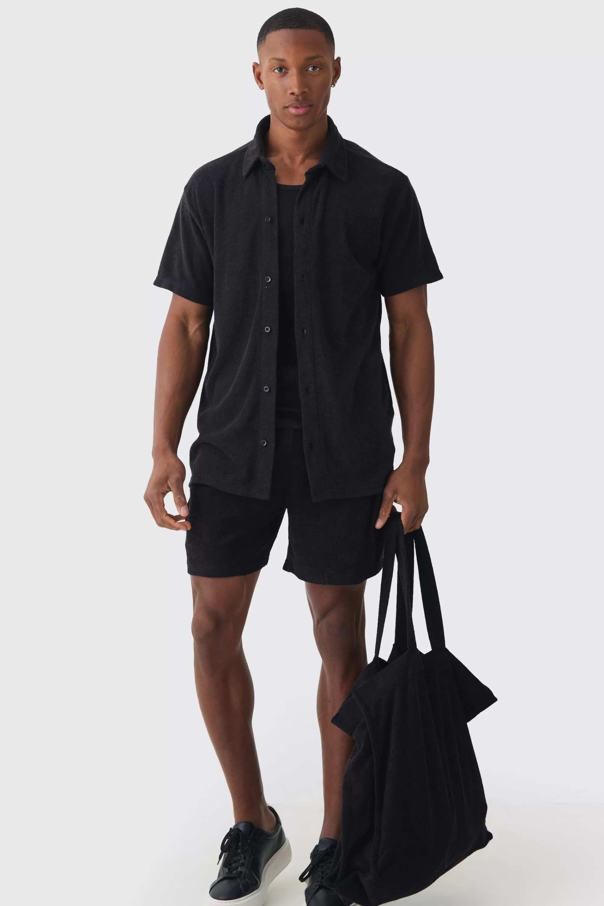 boohooMAN Towelling 3 Piece Shirt, Short & Tote Set | UK