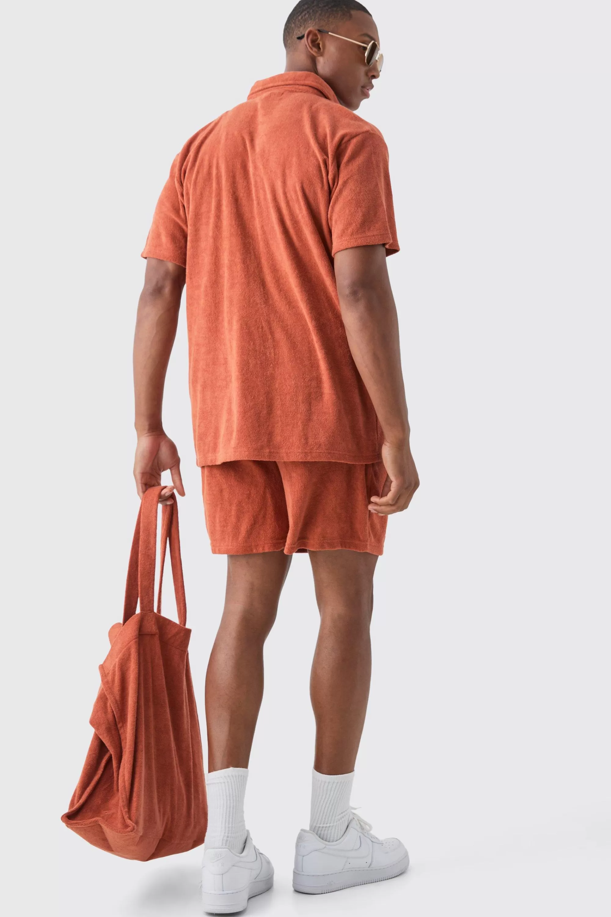 boohooMAN Towelling 3 Piece Shirt, Short & Tote Set | UK