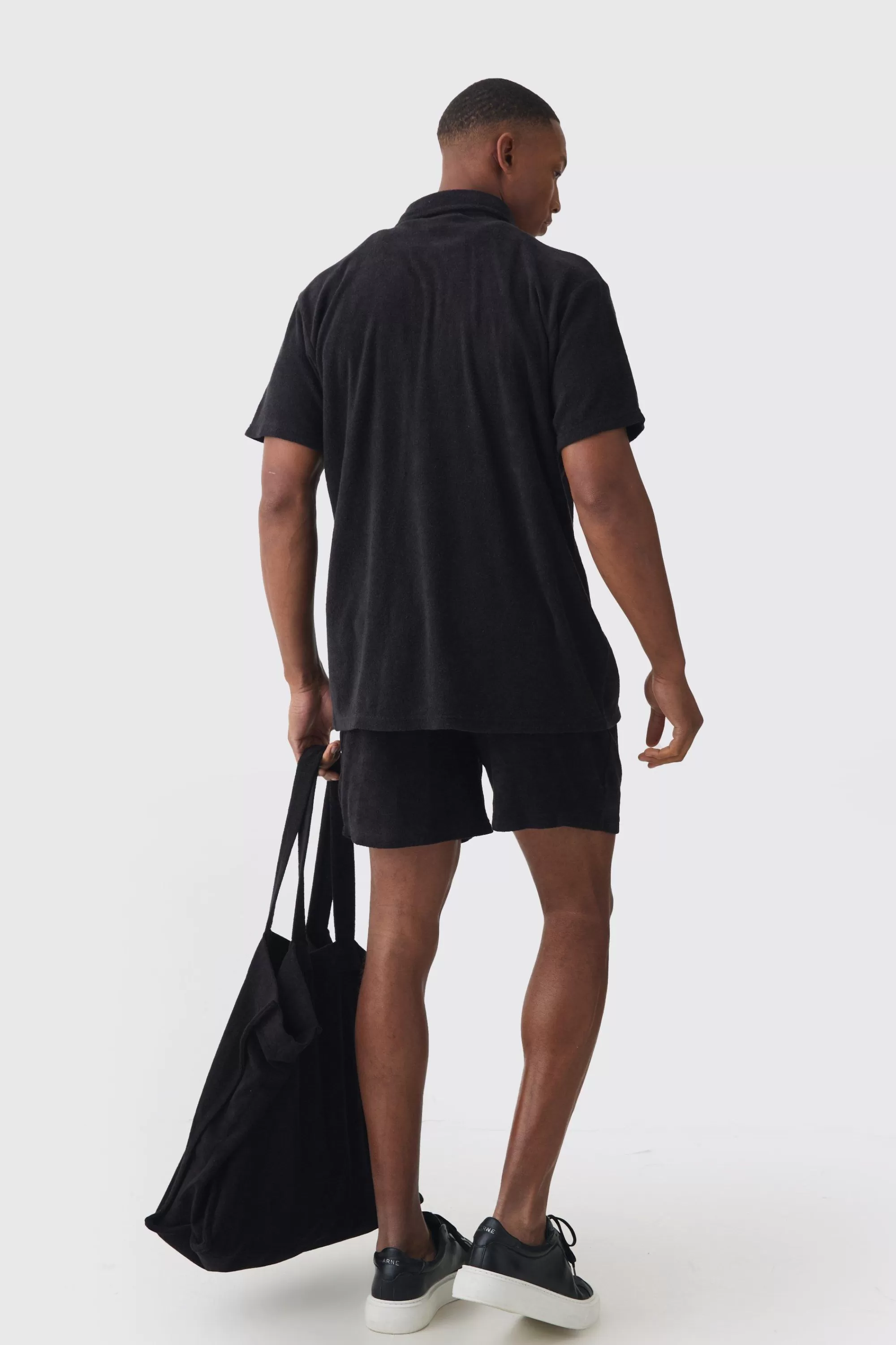 boohooMAN Towelling 3 Piece Shirt, Short & Tote Set | UK