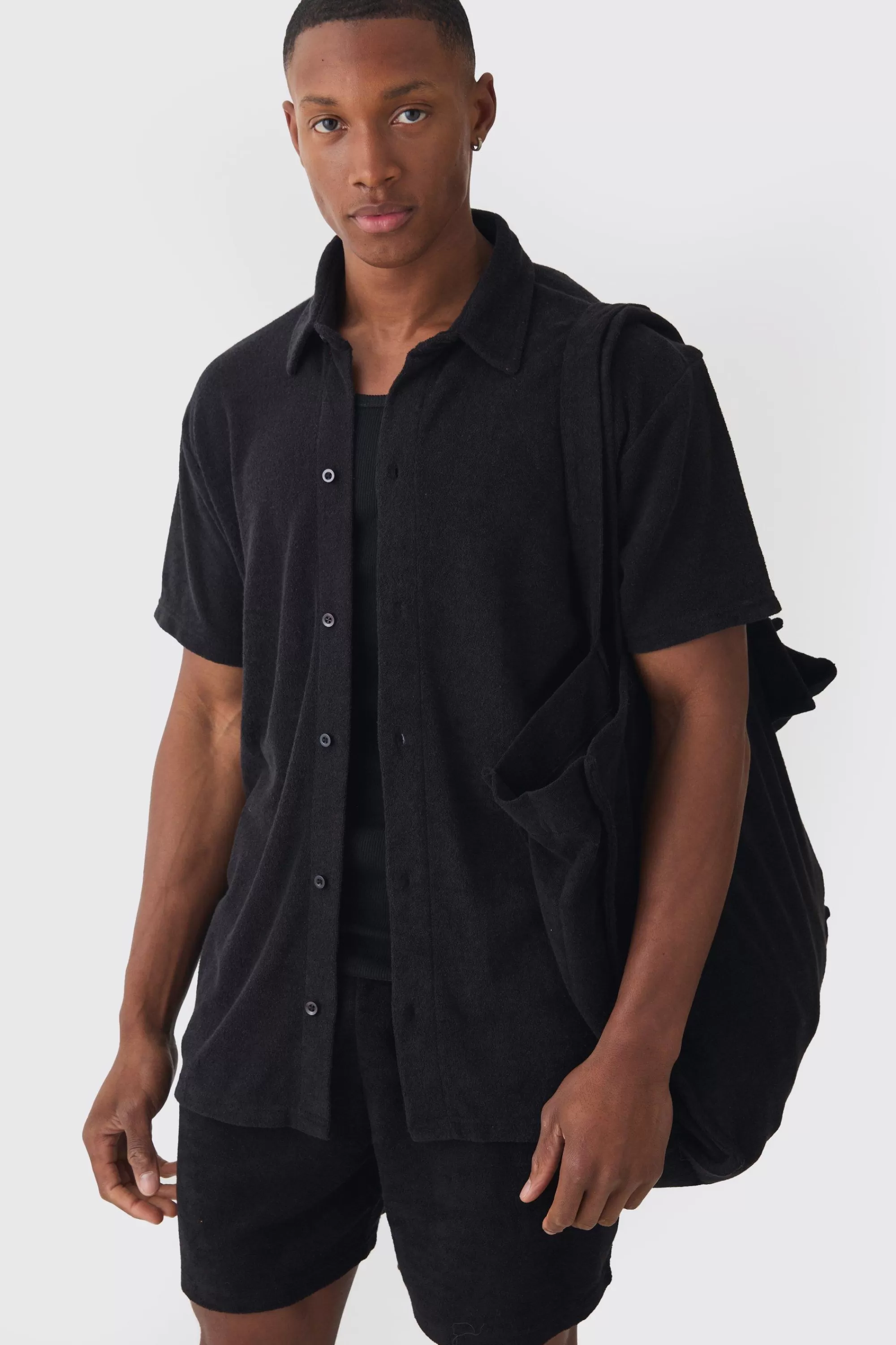 boohooMAN Towelling 3 Piece Shirt, Short & Tote Set | UK