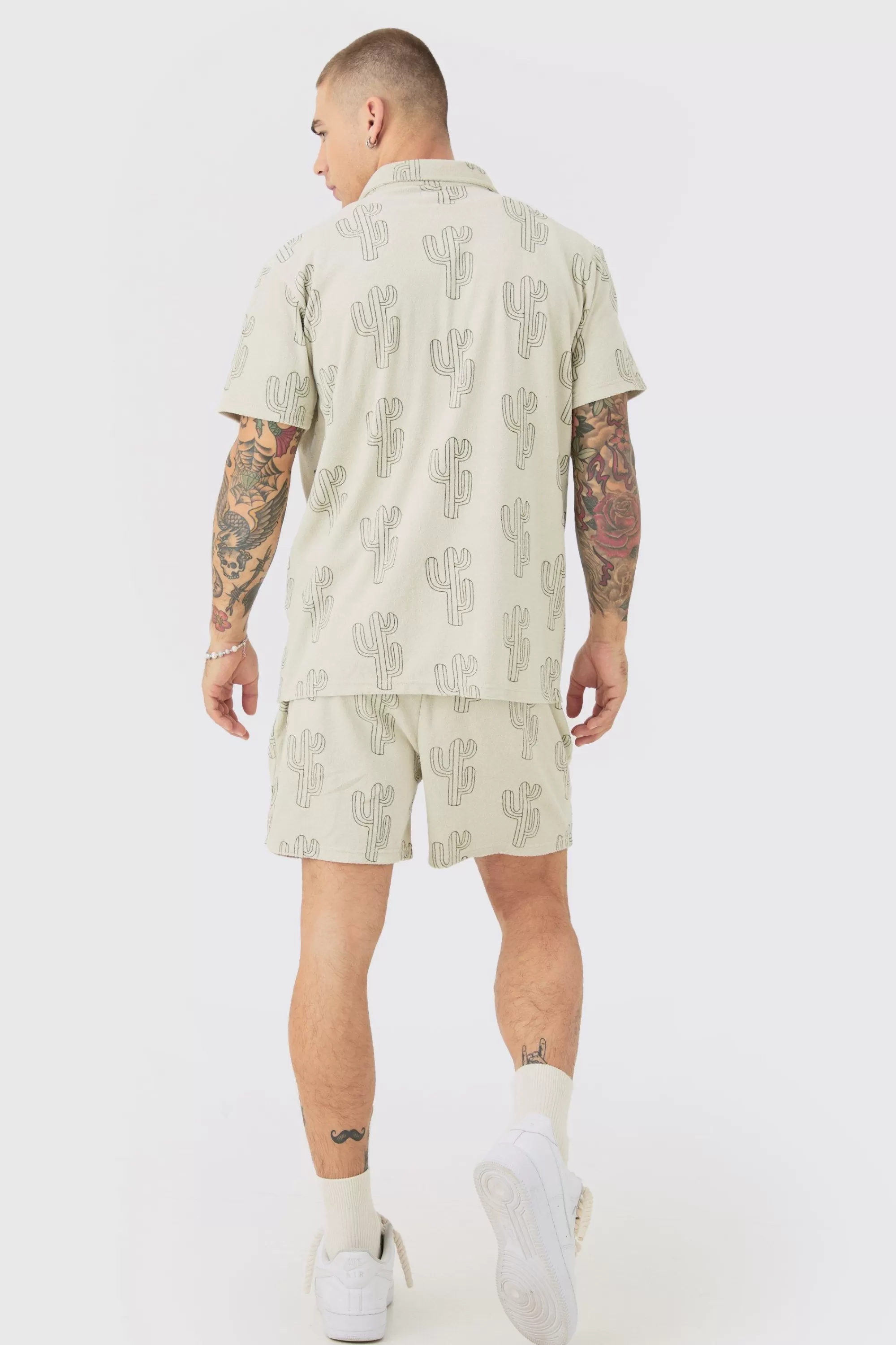 boohooMAN Towelling Cactus Shirt & Short Set | UK