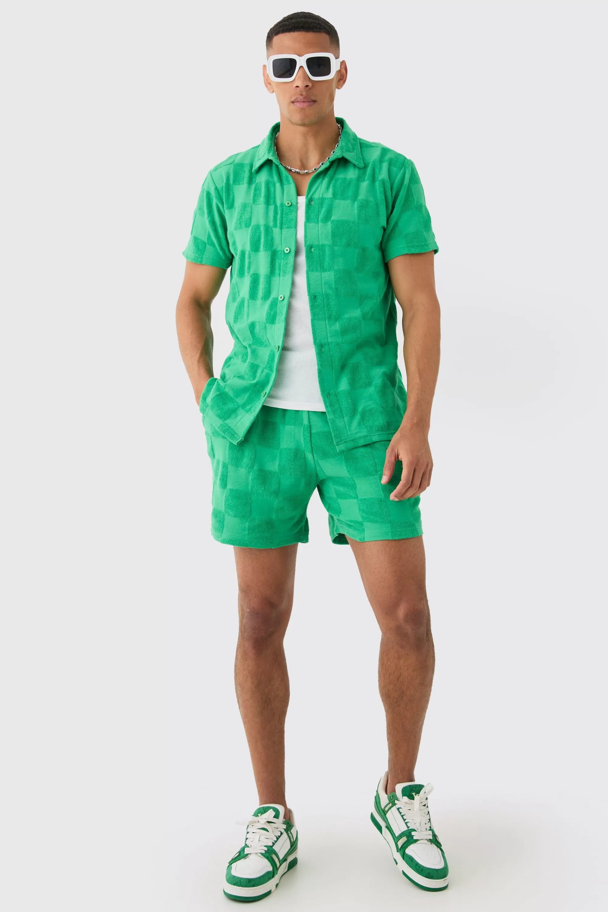 boohooMAN Towelling Checkerboard Shirt & Short Set | UK
