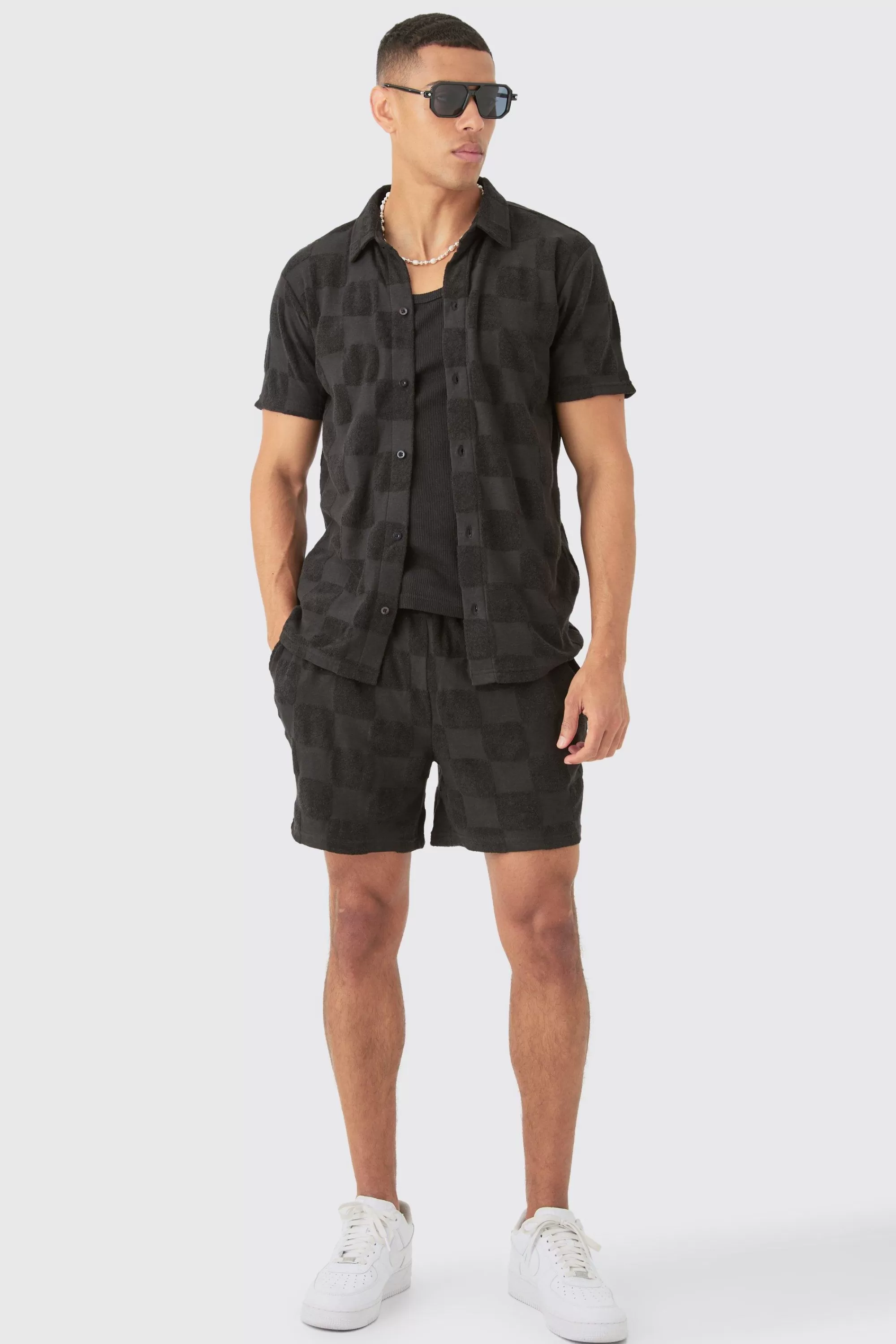 boohooMAN Towelling Checkerboard Shirt & Short Set | UK