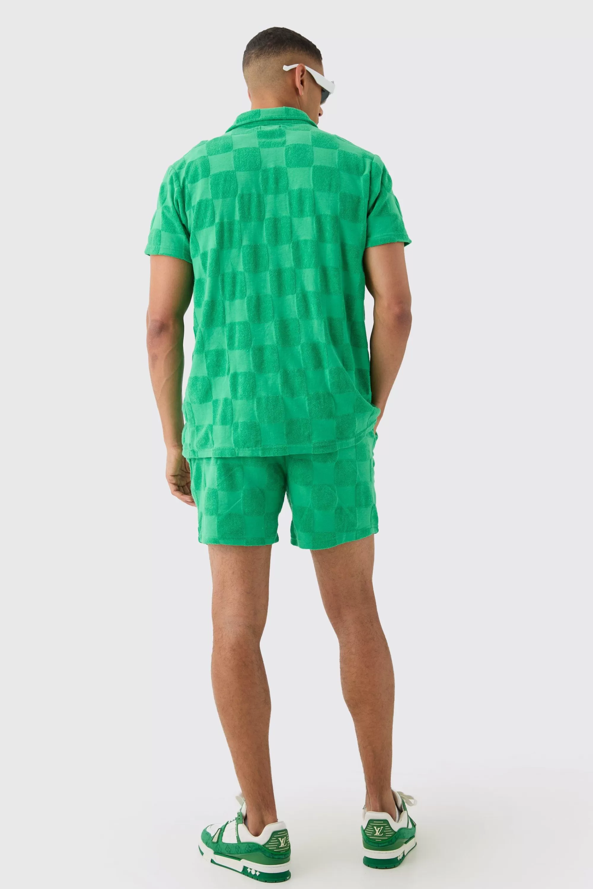 boohooMAN Towelling Checkerboard Shirt & Short Set | UK