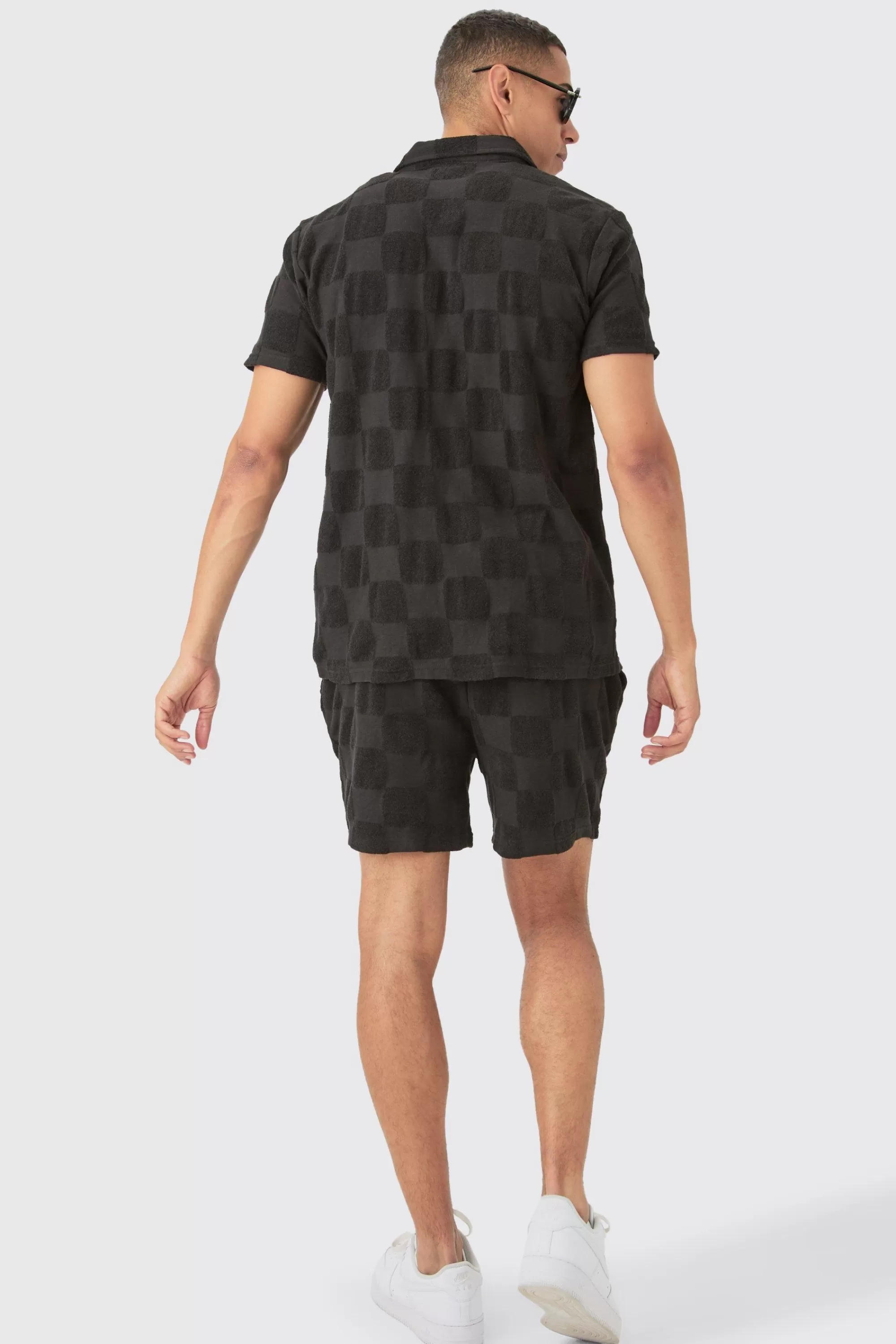 boohooMAN Towelling Checkerboard Shirt & Short Set | UK