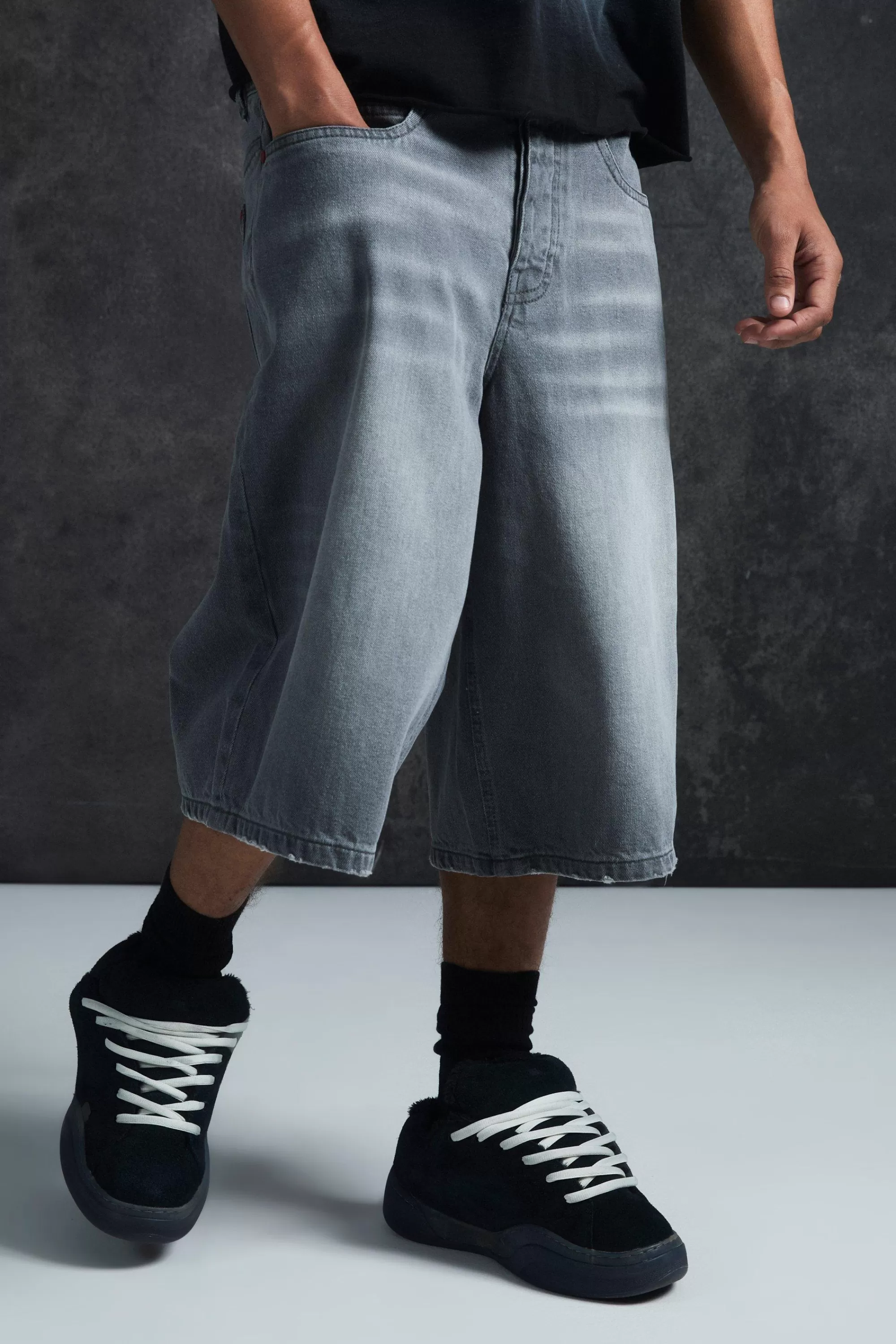 boohooMAN Trippie Redd Long Line Boxer Waistband Denim Jorts | UK