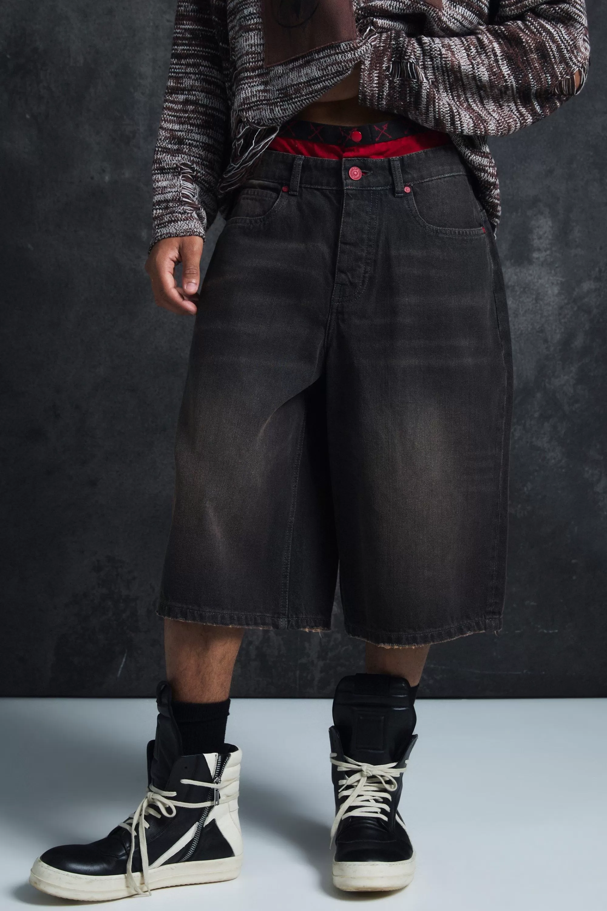 boohooMAN Trippie Redd Long Line Boxer Waistband Denim Jorts | UK