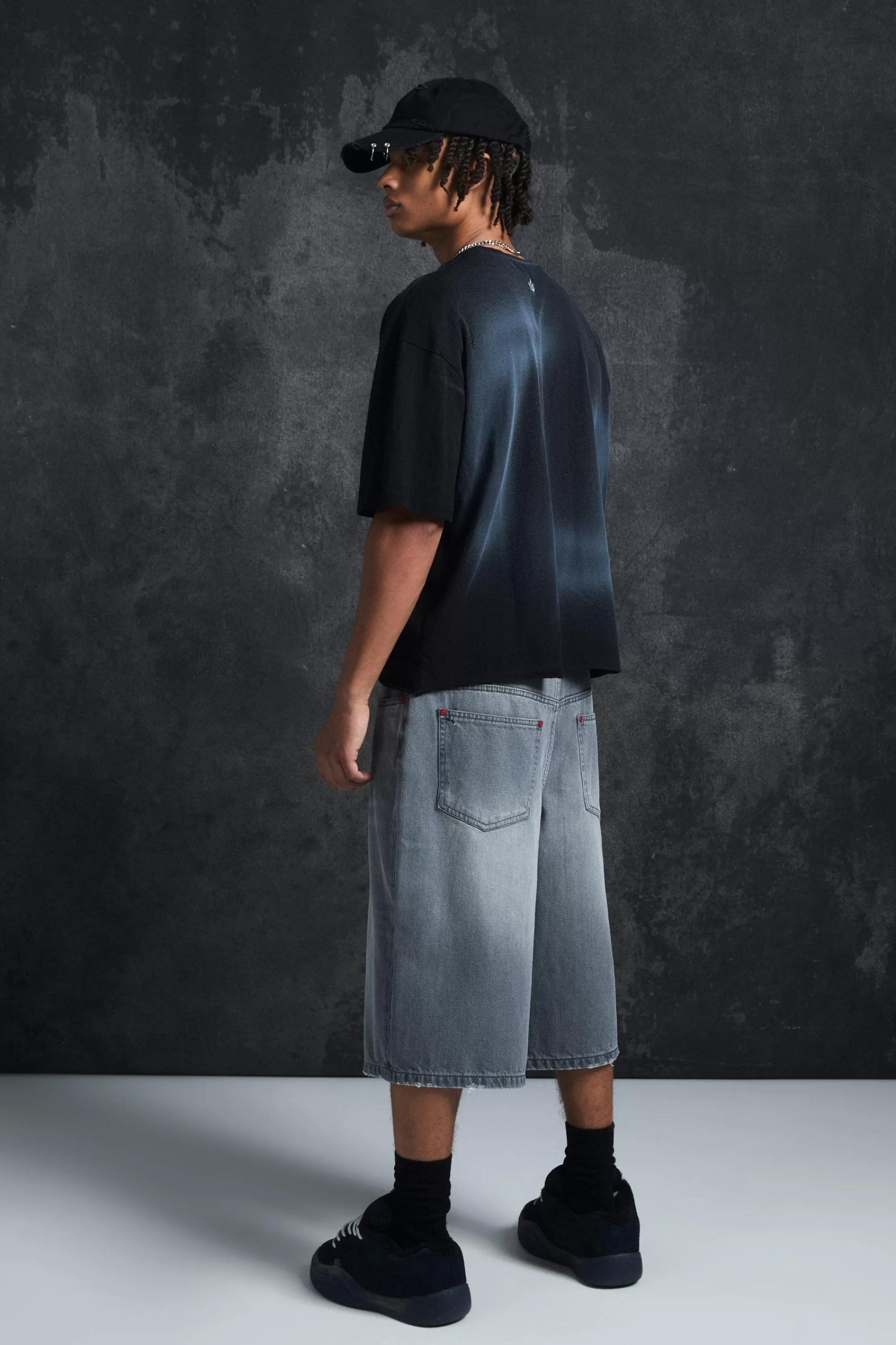 boohooMAN Trippie Redd Long Line Boxer Waistband Denim Jorts | UK
